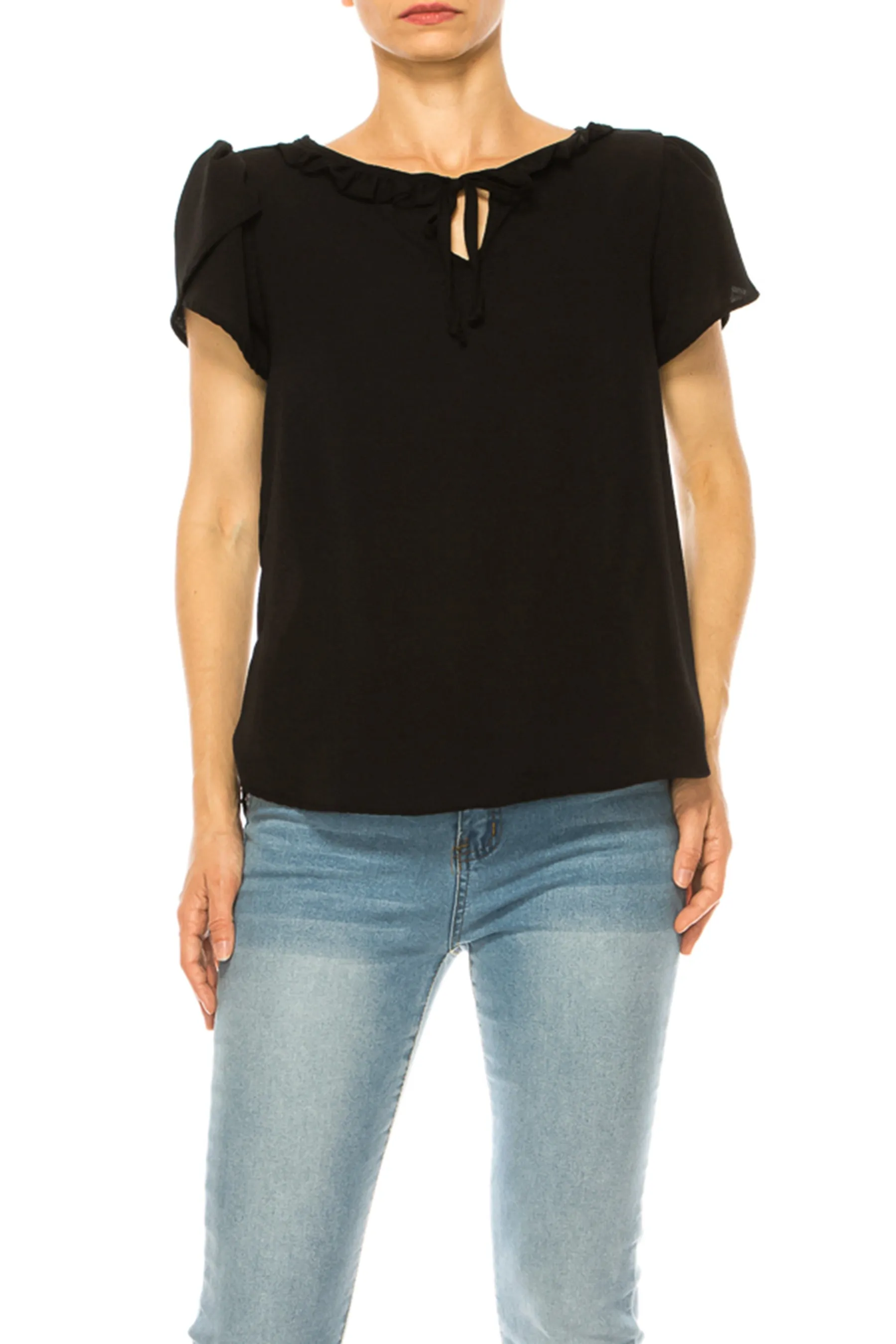 Solid Overlapping Short Sleeve Top with Front Keyhole B82901 $9.50Each