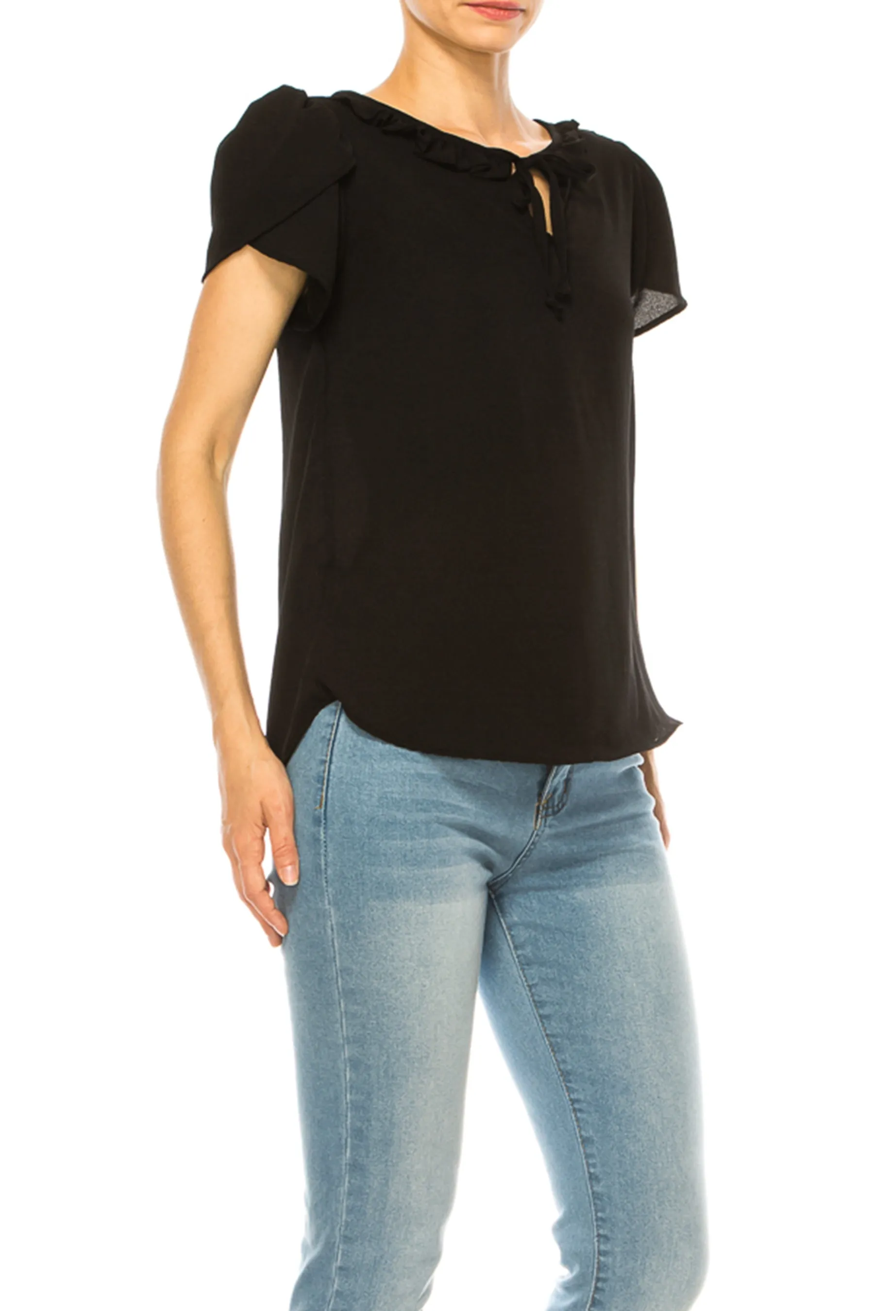 Solid Overlapping Short Sleeve Top with Front Keyhole B82901 $9.50Each