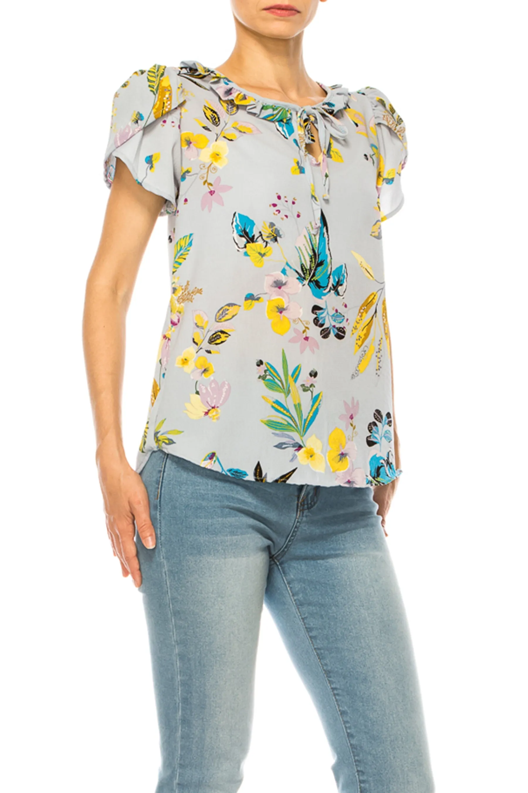 Solid Overlapping Short Sleeve Top with Front Keyhole B82901 $9.50Each