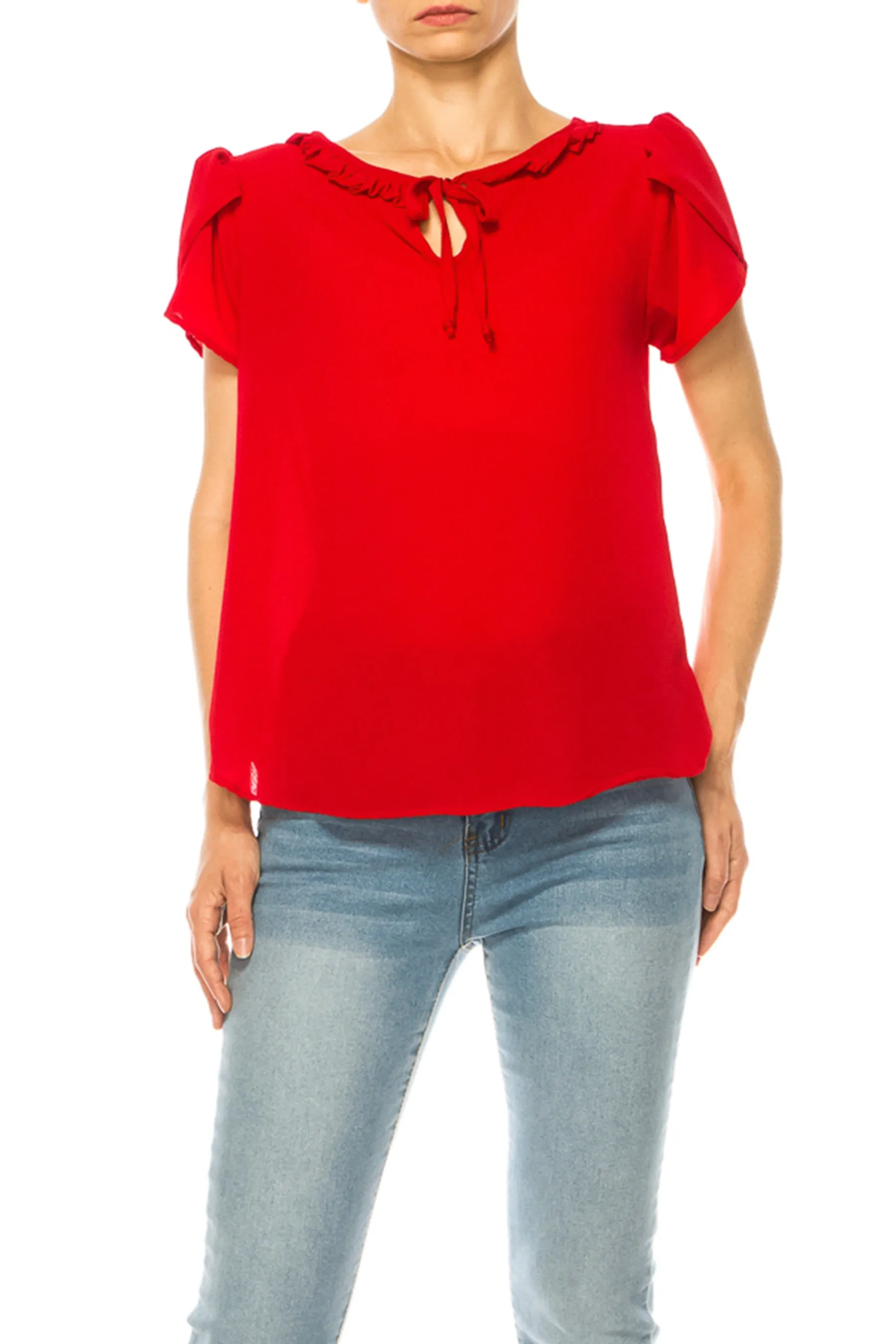 Solid Overlapping Short Sleeve Top with Front Keyhole B82901 $9.50Each