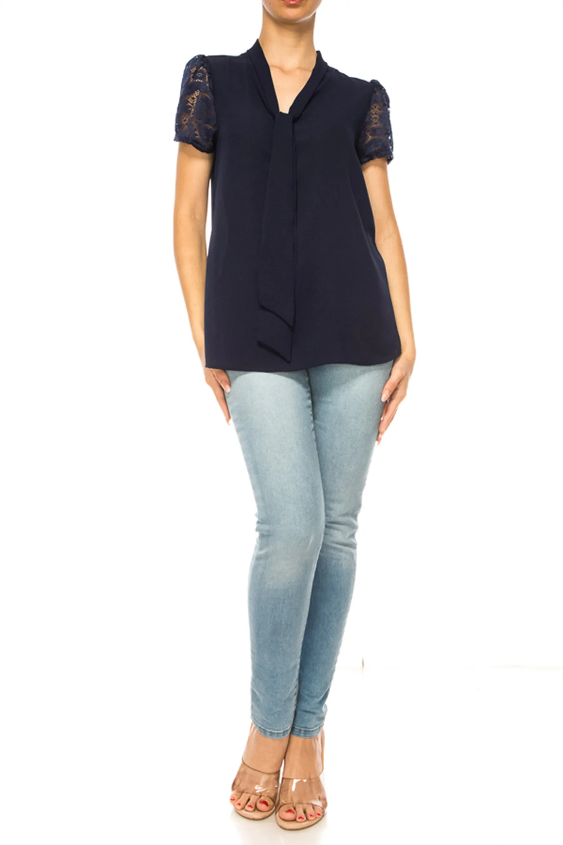 Solid Top with Front Tie Collar and Lace Sleeves B871 $10Each