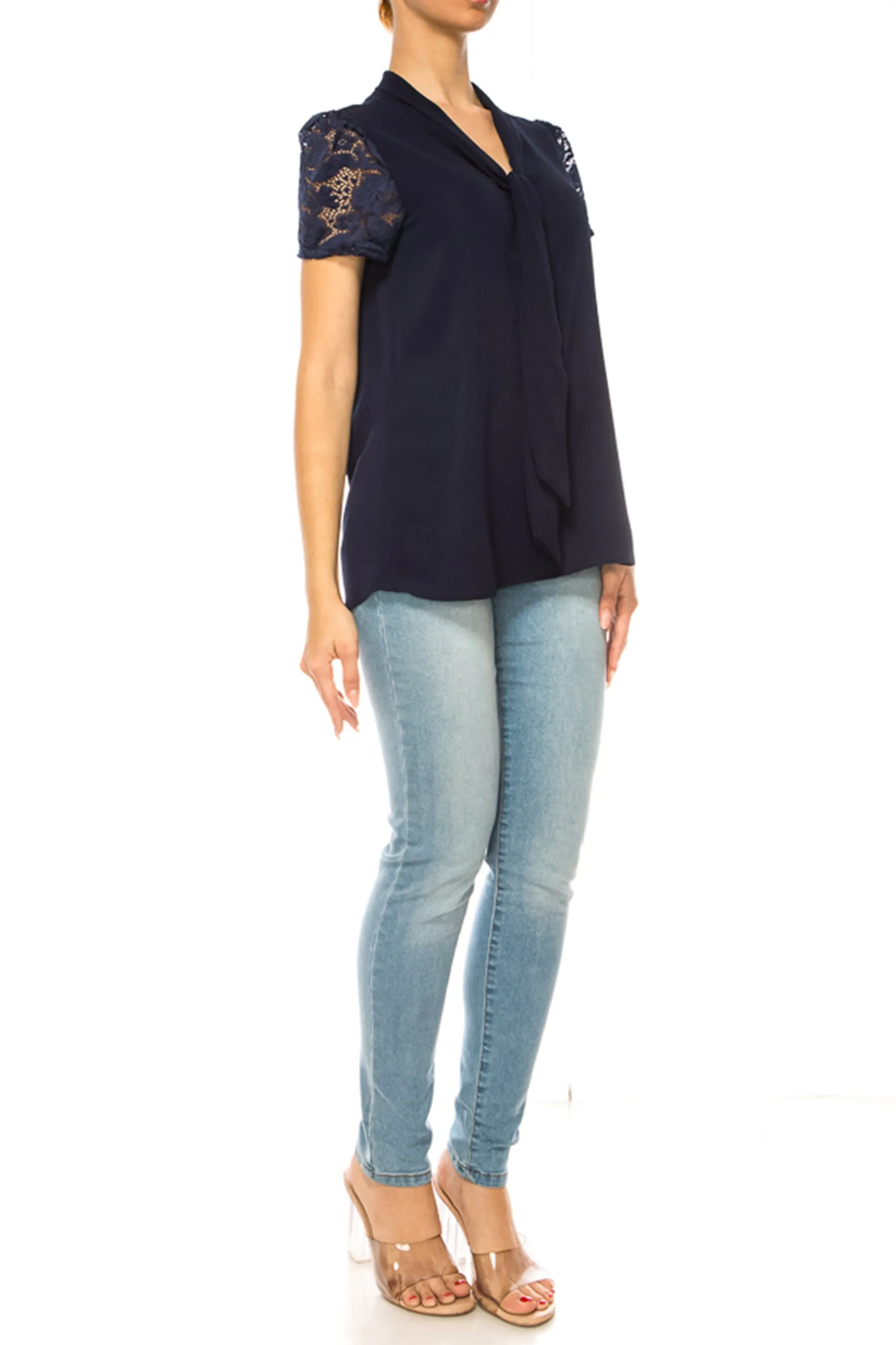 Solid Top with Front Tie Collar and Lace Sleeves B871 $10Each