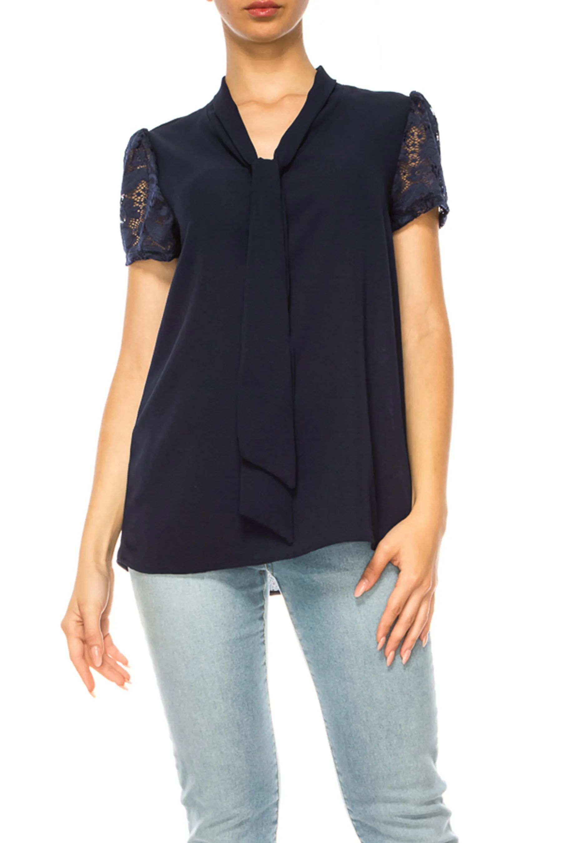 Solid Top with Front Tie Collar and Lace Sleeves B871 $10Each