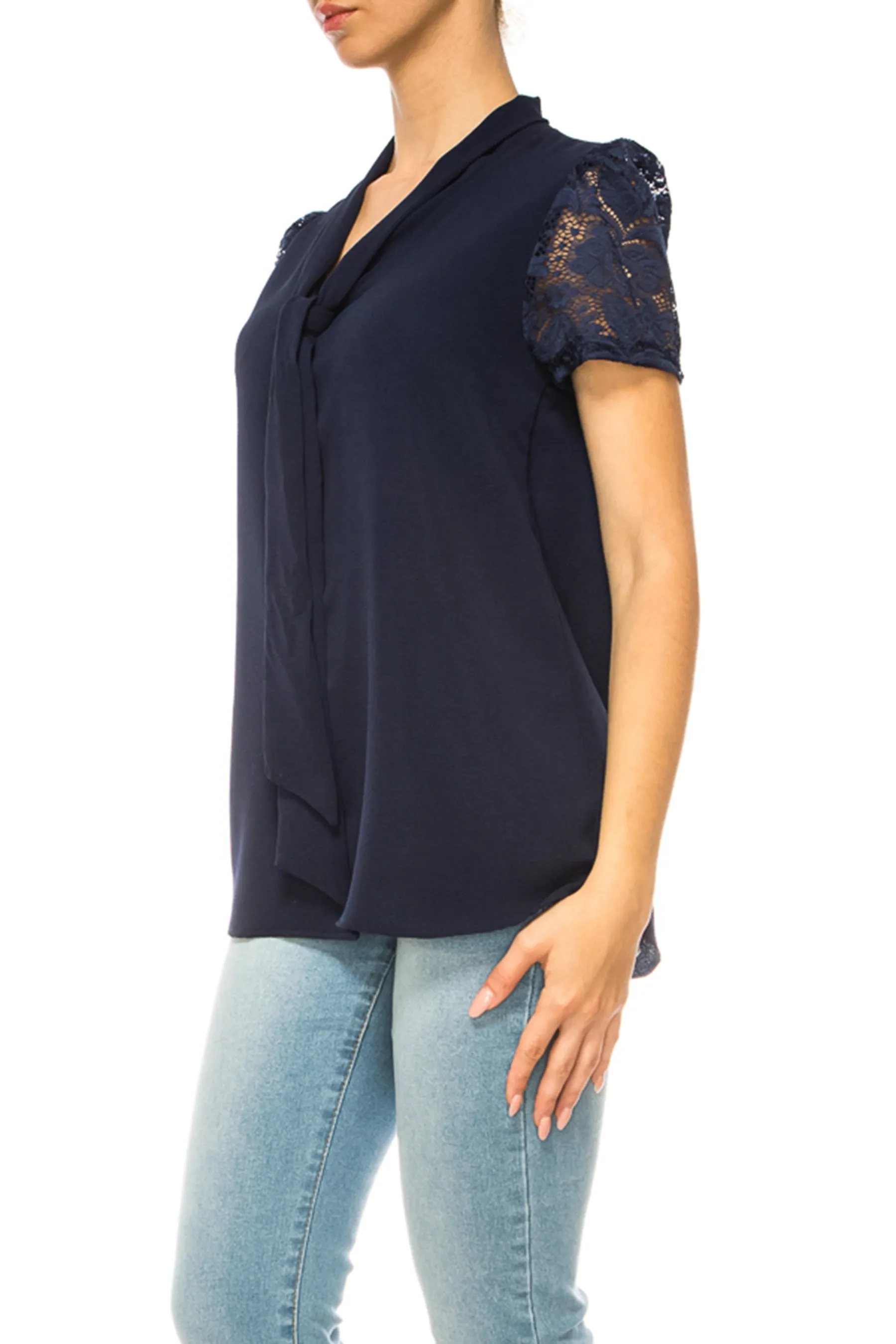 Solid Top with Front Tie Collar and Lace Sleeves B871 $10Each