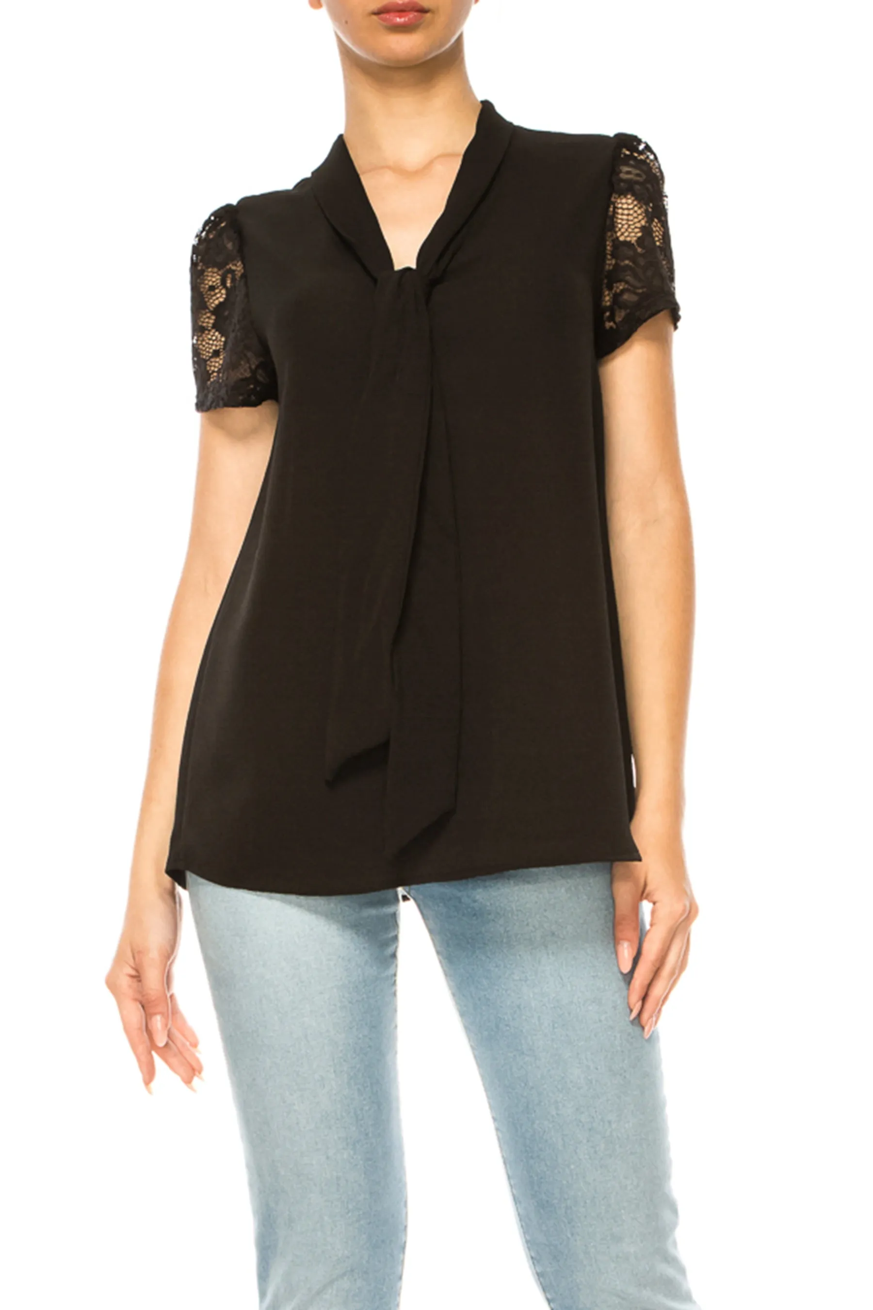 Solid Top with Front Tie Collar and Lace Sleeves B871 $10Each