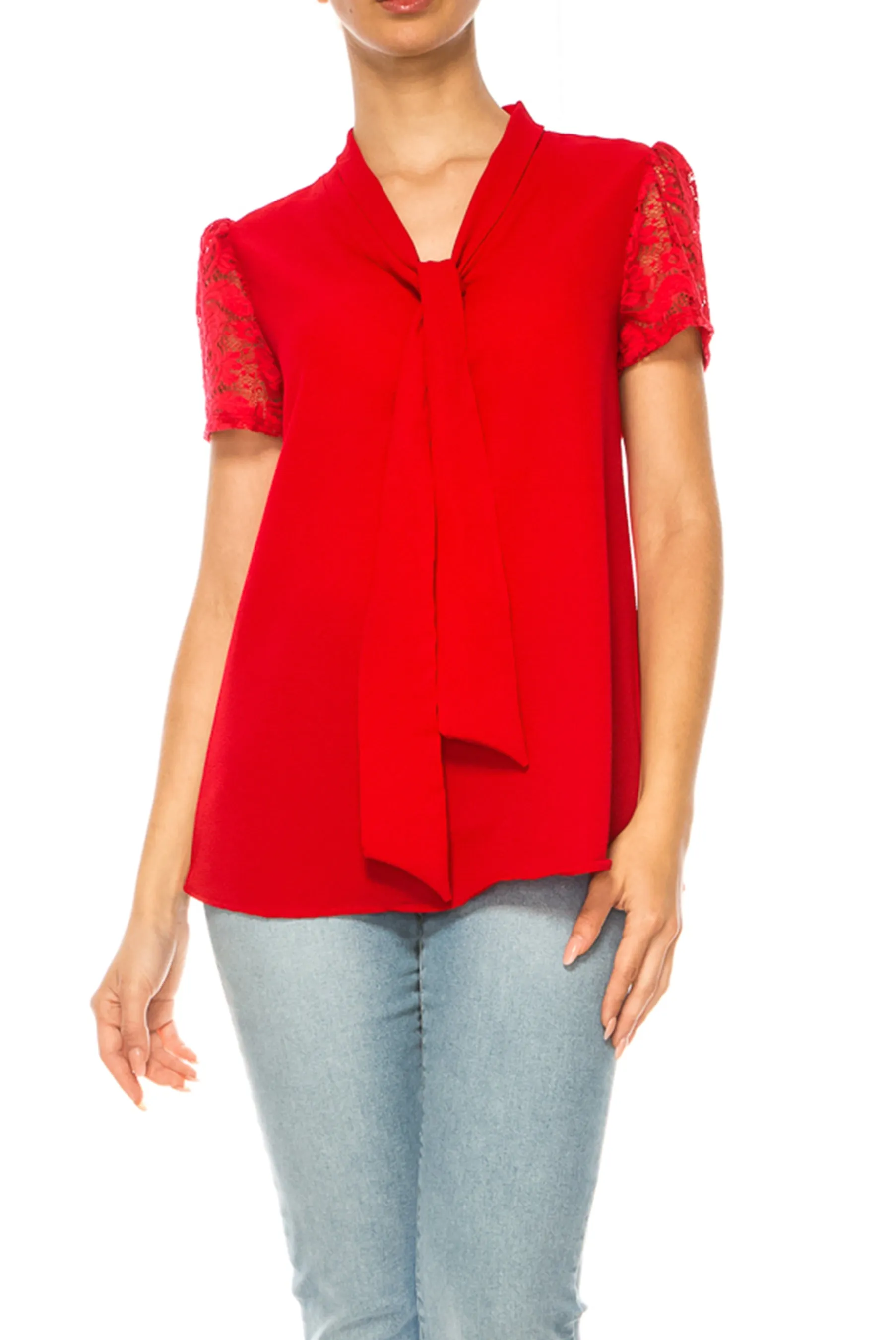 Solid Top with Front Tie Collar and Lace Sleeves B871 $10Each