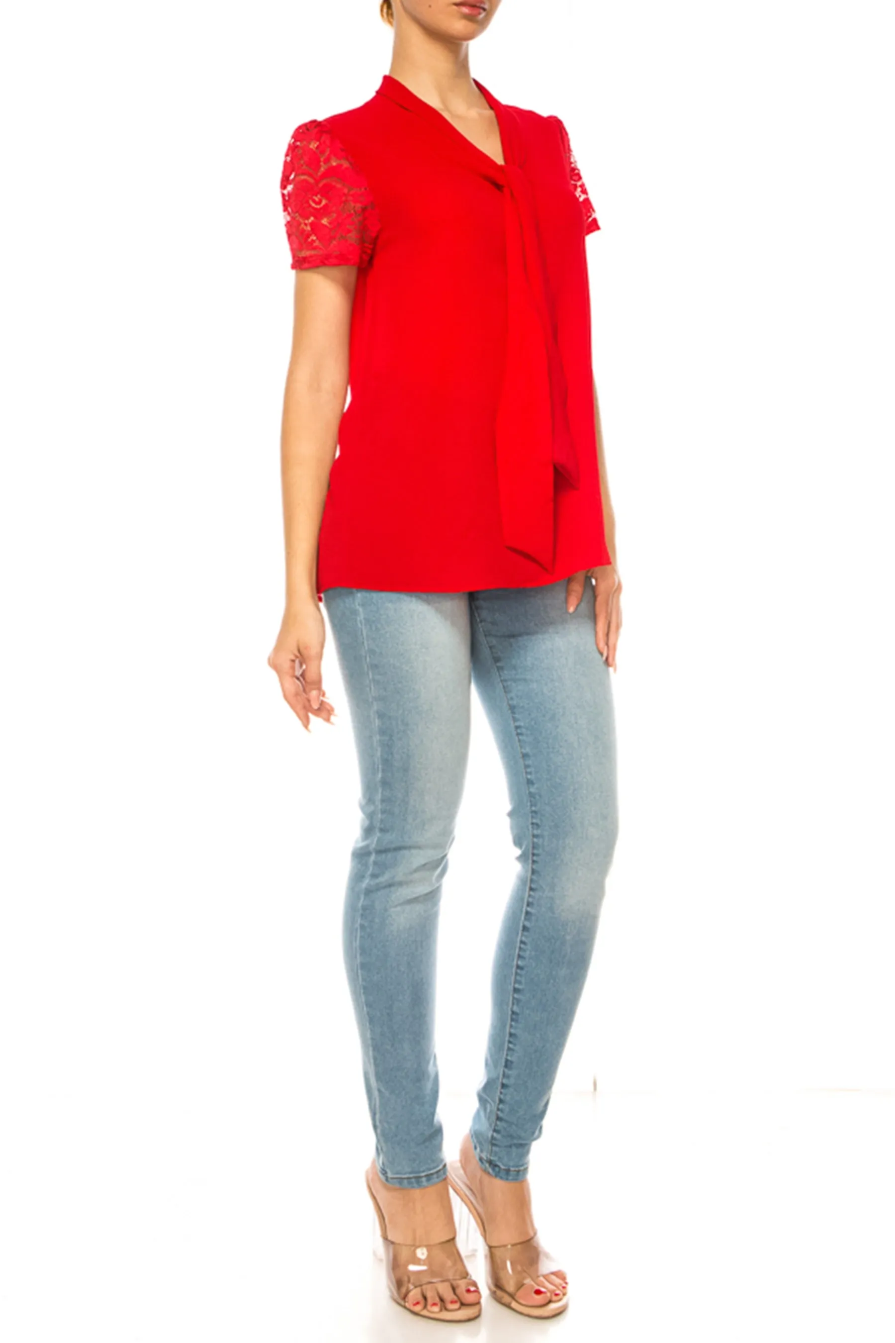 Solid Top with Front Tie Collar and Lace Sleeves B871 $10Each