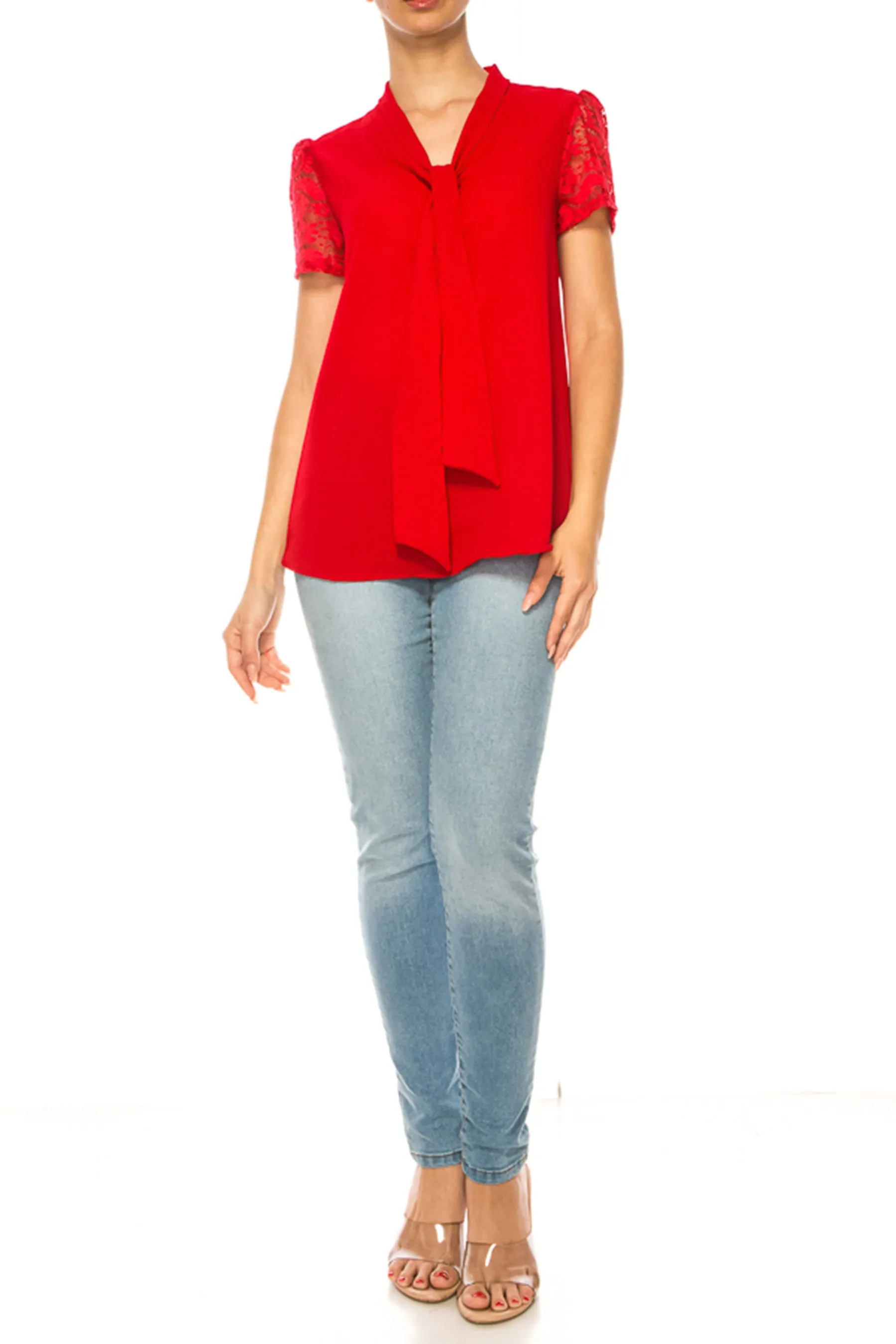 Solid Top with Front Tie Collar and Lace Sleeves B871 $10Each