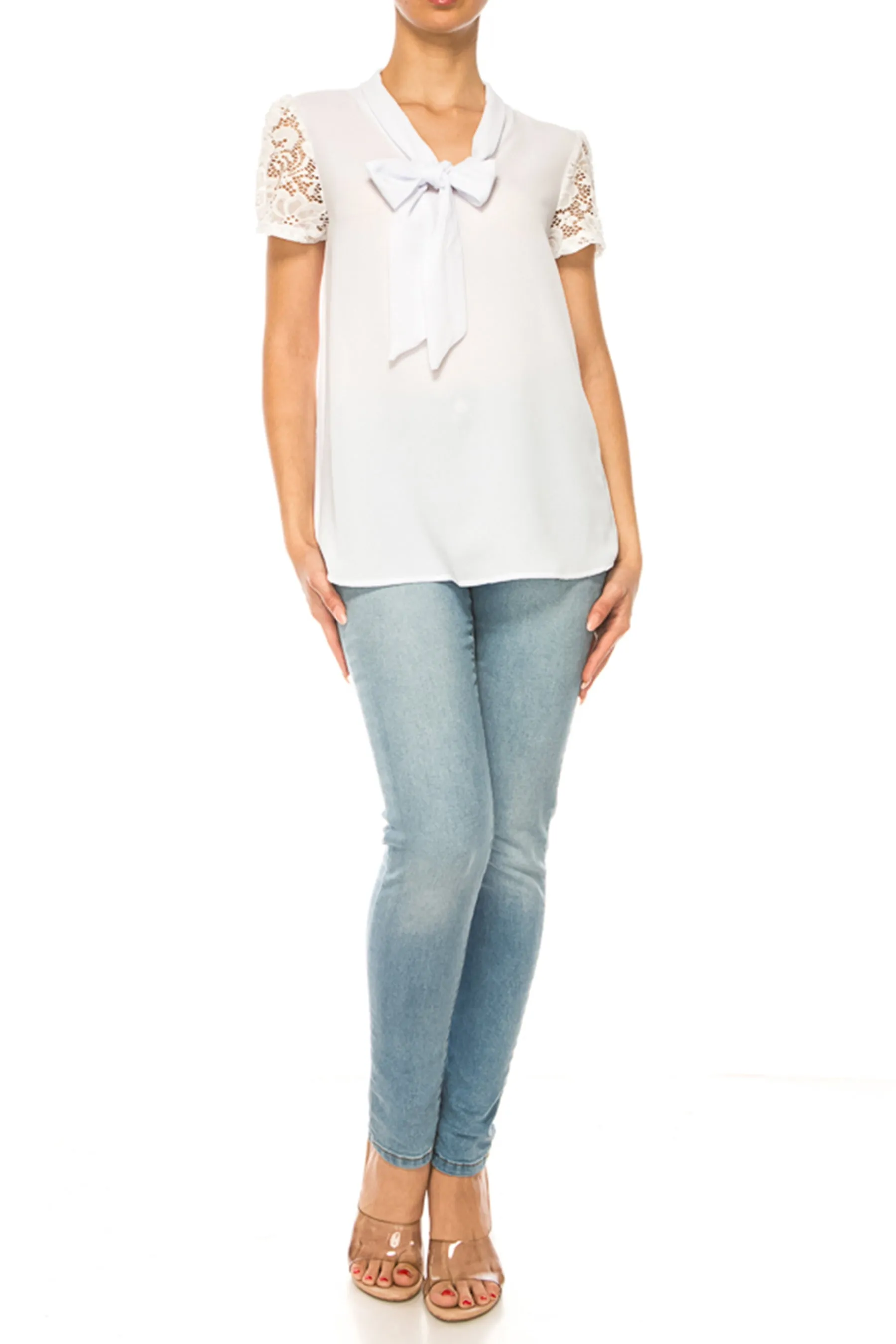 Solid Top with Front Tie Collar and Lace Sleeves B871 $10Each