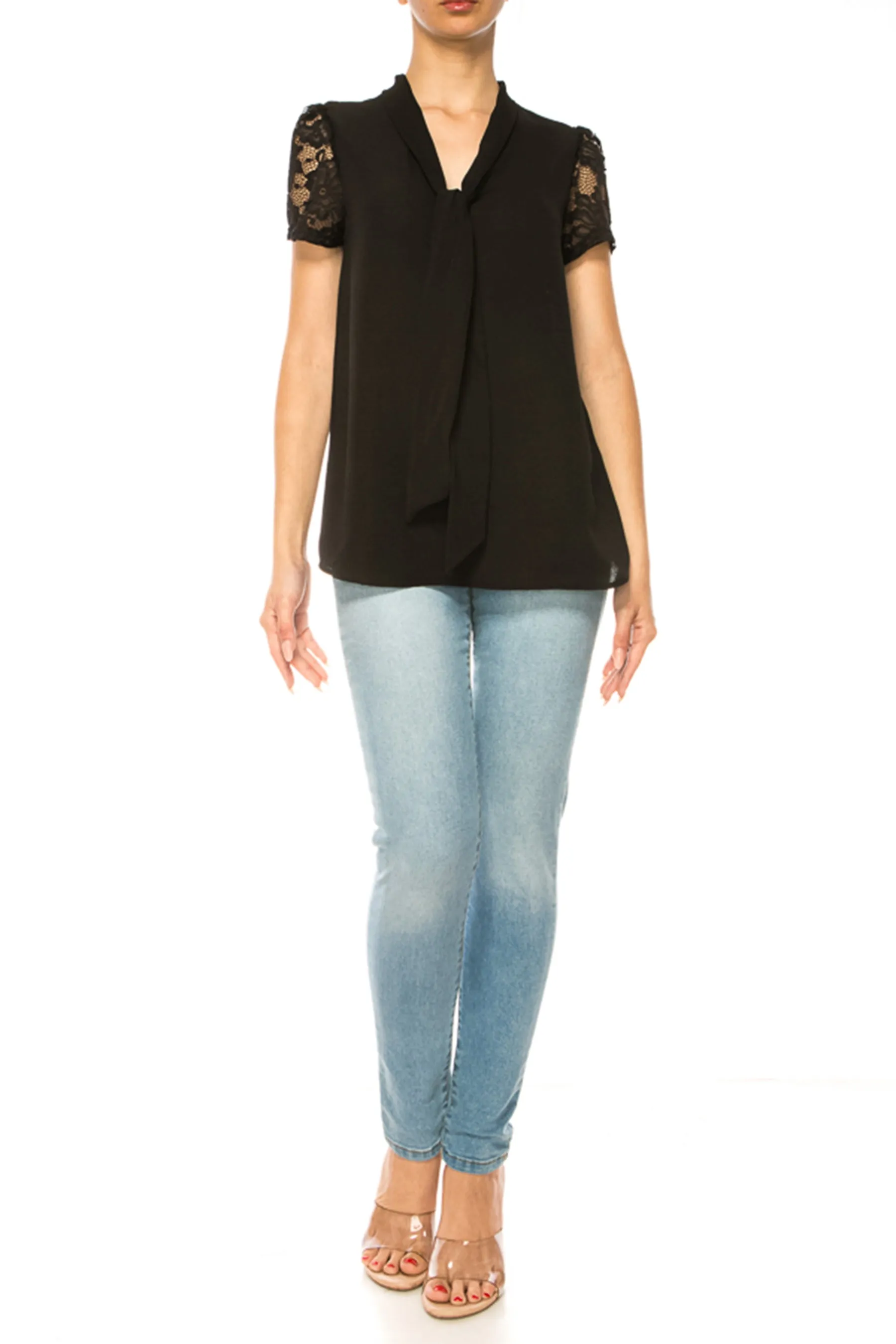 Solid Top with Front Tie Collar and Lace Sleeves B871 $10Each