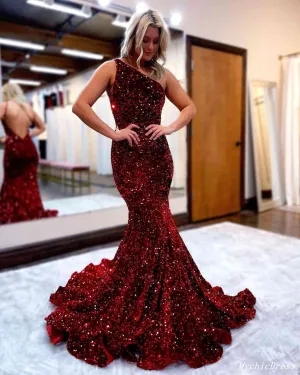 Sparkly Mermaid One Shoulder Sequin Burgundy Prom Dresses 2024