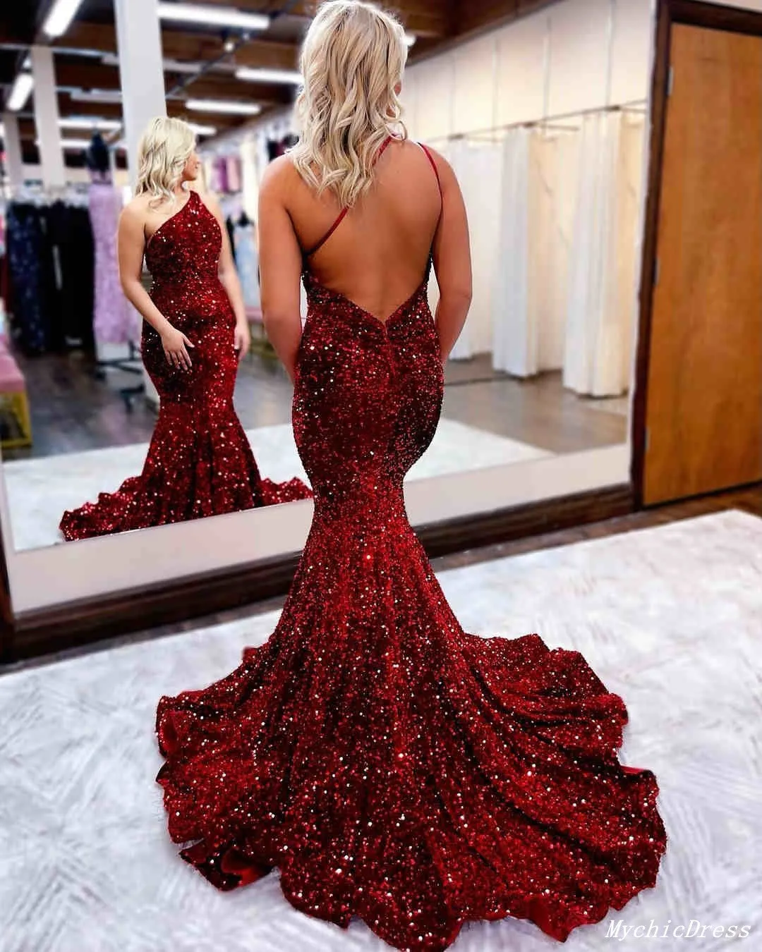 Sparkly Mermaid One Shoulder Sequin Burgundy Prom Dresses 2024