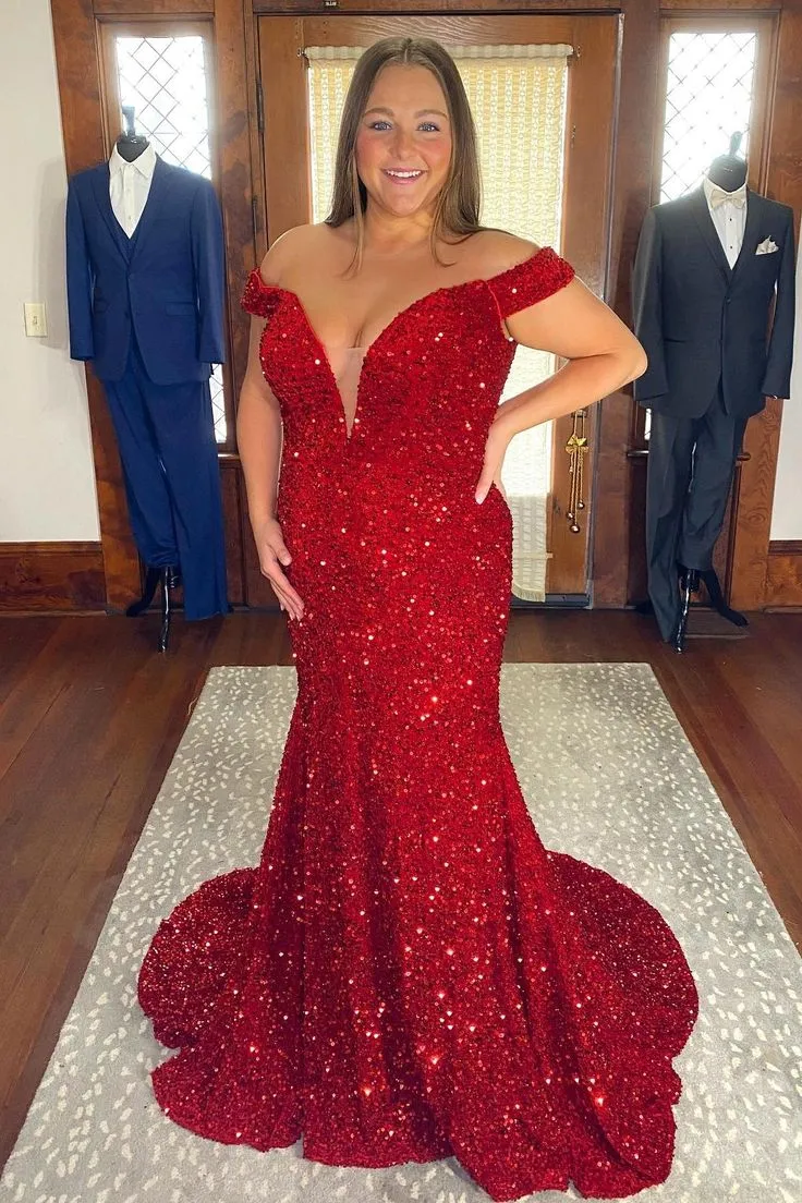Sparkly Plus Size Sequin Prom Dresses Mermaid Off Shoulder Blue Evening Dress