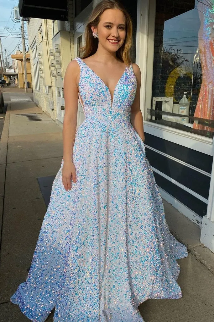 Sparkly V Neck Sequin White Iridescent Prom Dresses 2024 A Line Evening Gowns