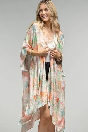 Spring Kimono Duster with Watercolor Spring Pink Green Vibe