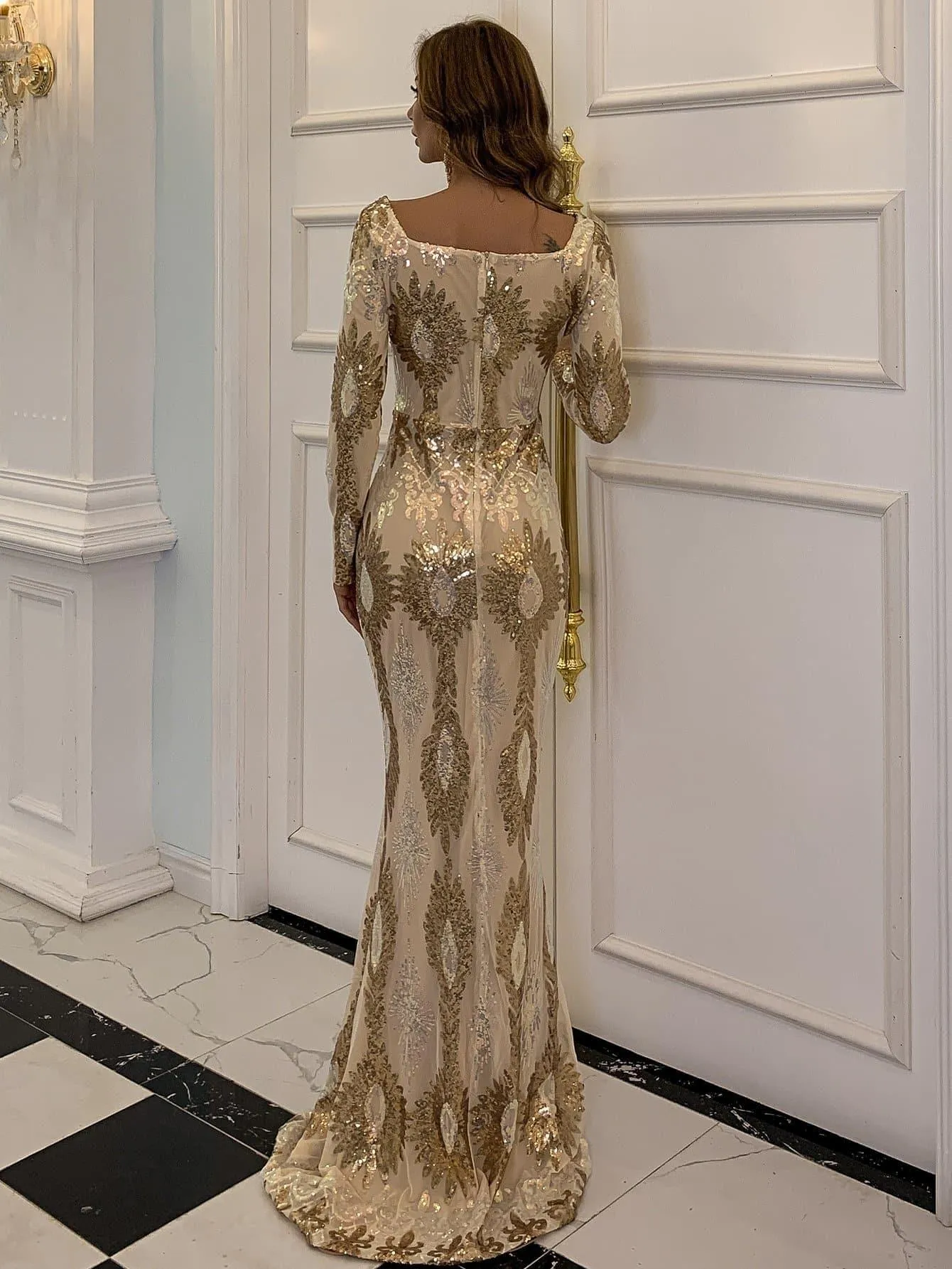 Square Neck Geo Sequin Golden Dress M0870