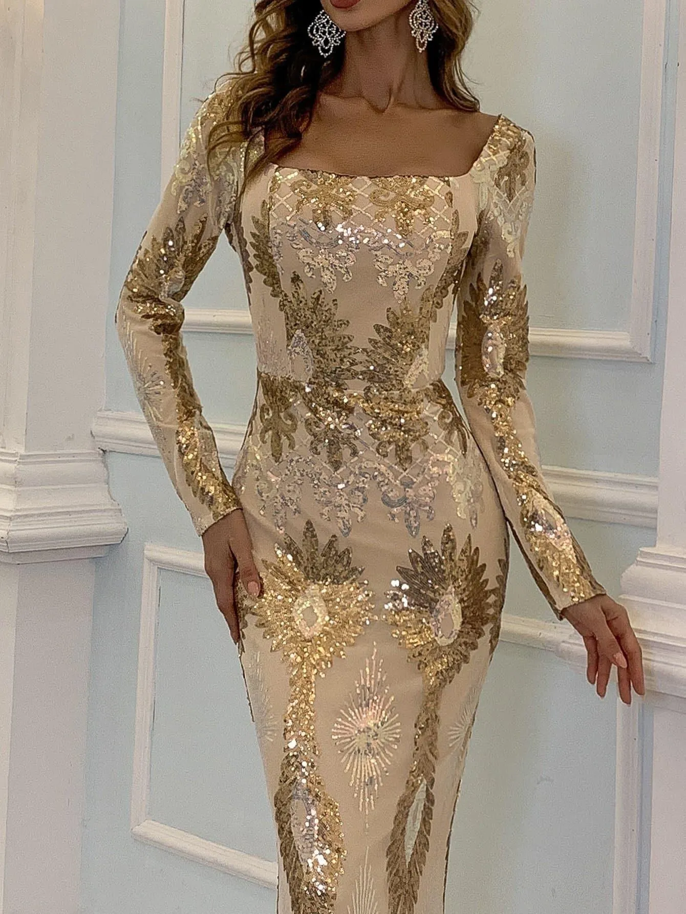 Square Neck Geo Sequin Golden Dress M0870
