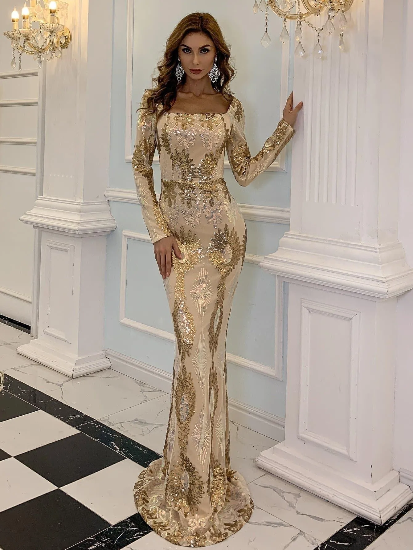 Square Neck Geo Sequin Golden Dress M0870