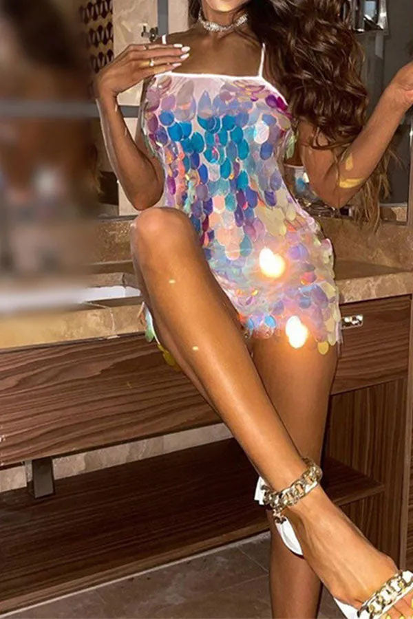 storexq Sequined Striking Spaghetti Strap Mini Dress