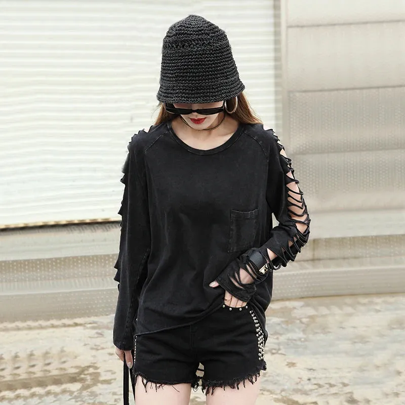 street punk Fashion  women's  hole personality tassel pocket  loose t-shirt female Washing Cotton Women's Clothing Clothes
