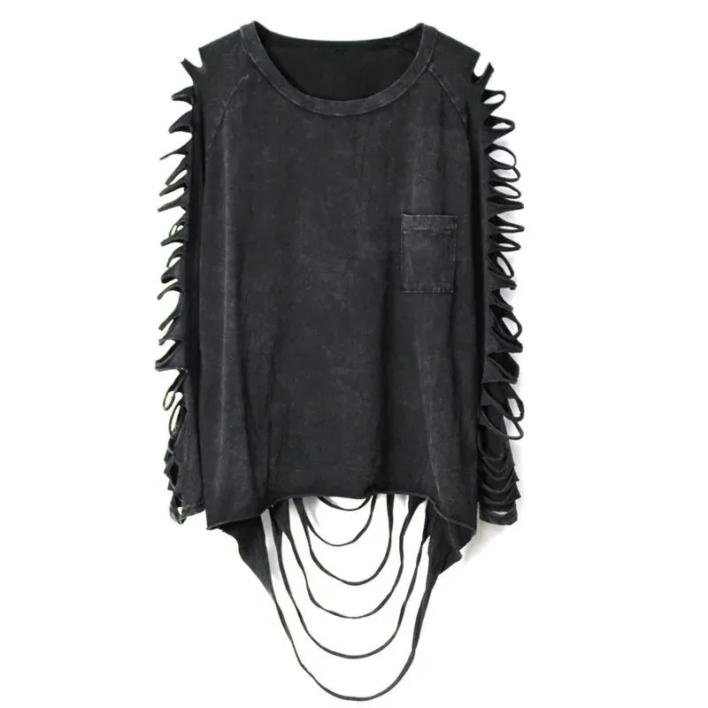 street punk Fashion  women's  hole personality tassel pocket  loose t-shirt female Washing Cotton Women's Clothing Clothes