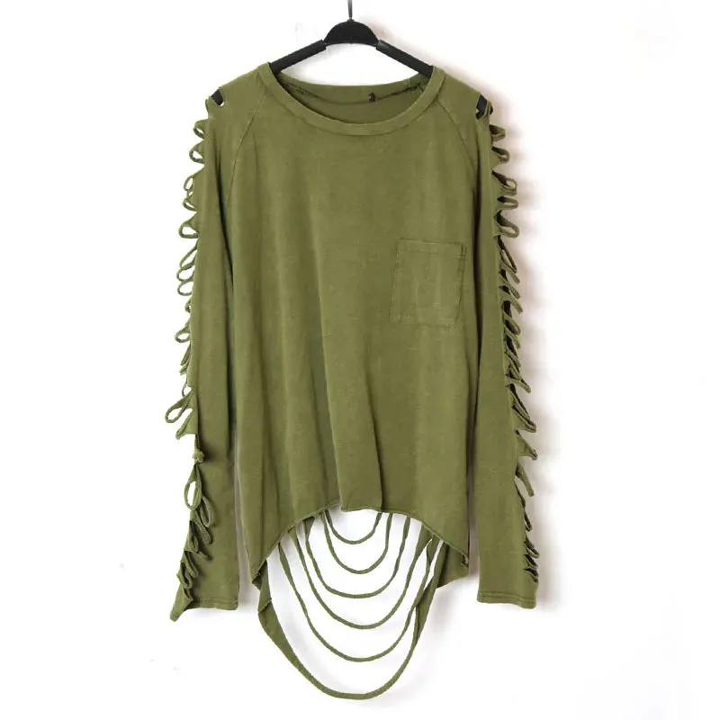 street punk Fashion  women's  hole personality tassel pocket  loose t-shirt female Washing Cotton Women's Clothing Clothes