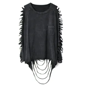 street punk Fashion  women's  hole personality tassel pocket  loose t-shirt female Washing Cotton Women's Clothing Clothes