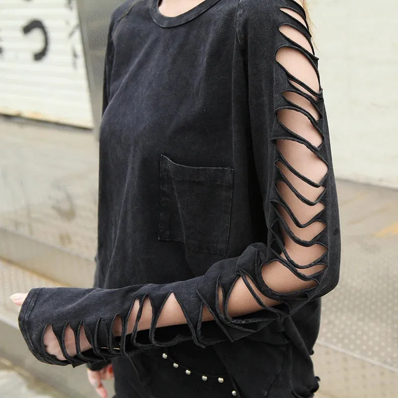 street punk Fashion  women's  hole personality tassel pocket  loose t-shirt female Washing Cotton Women's Clothing Clothes