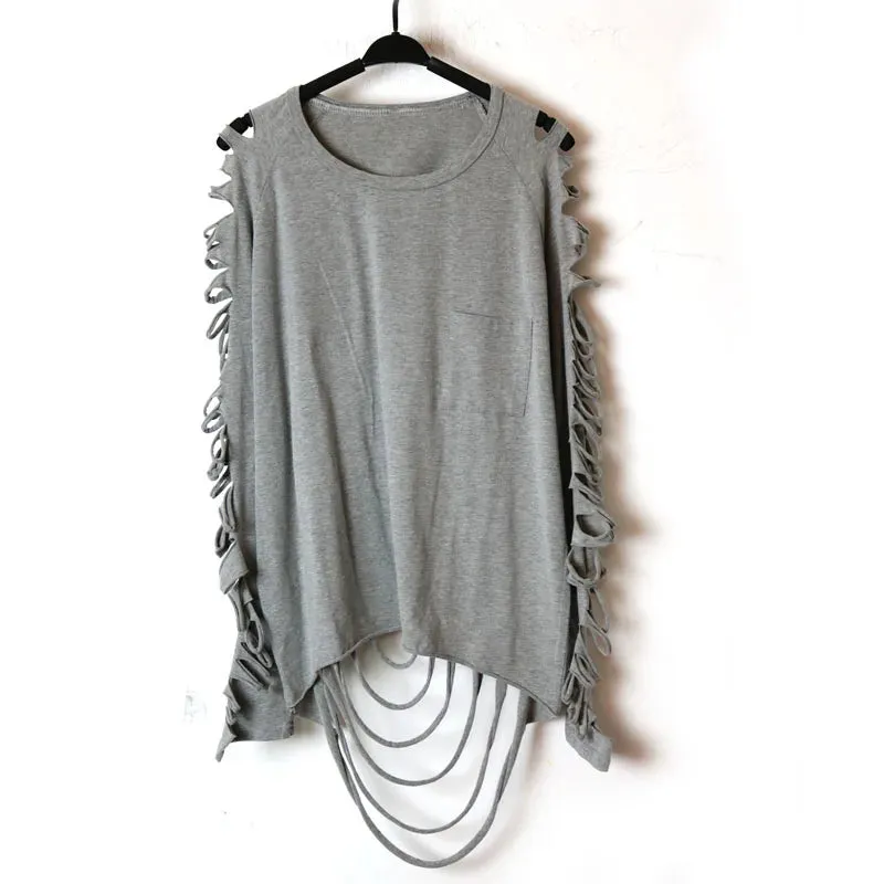 street punk Fashion  women's  hole personality tassel pocket  loose t-shirt female Washing Cotton Women's Clothing Clothes