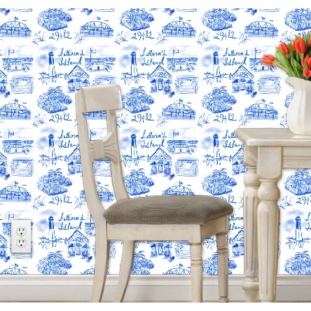 Sullivan's Island Toile Peel and Stick Wallpaper- Blue and White