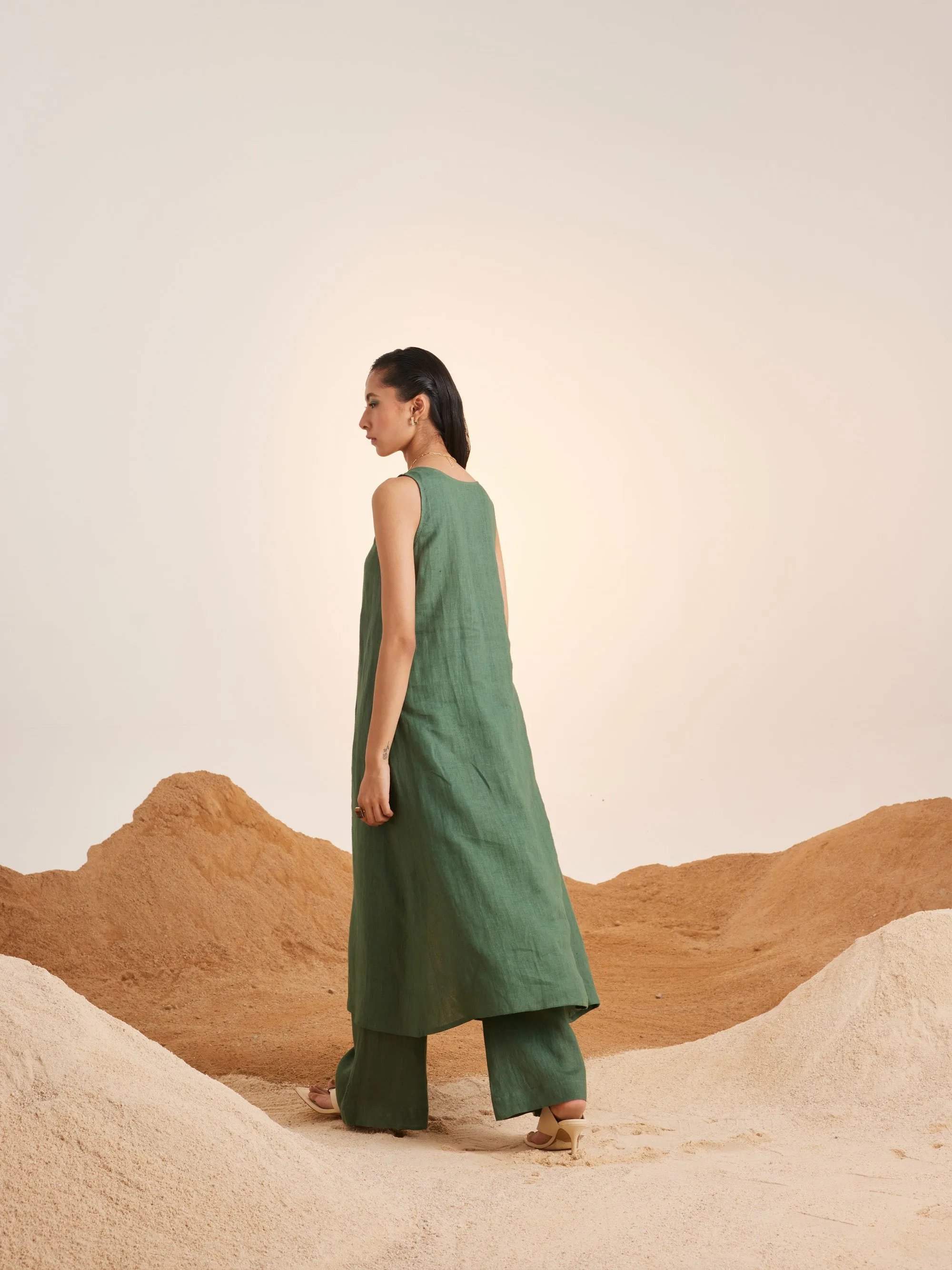 Summer Co-Ord Set Front Slit-Green -Linen-Ss25-Fslit-Grn-Cord
