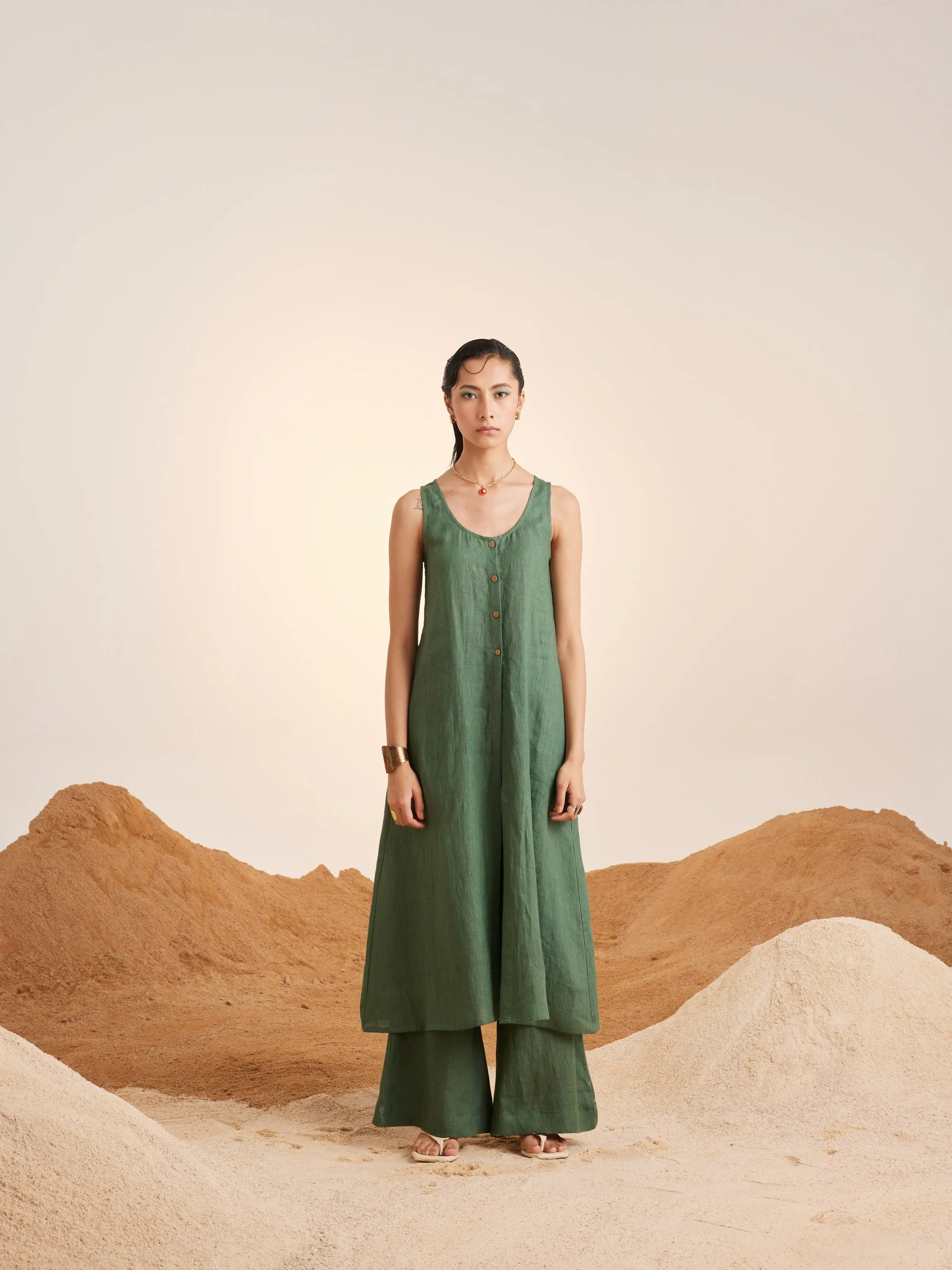 Summer Co-Ord Set Front Slit-Green -Linen-Ss25-Fslit-Grn-Cord