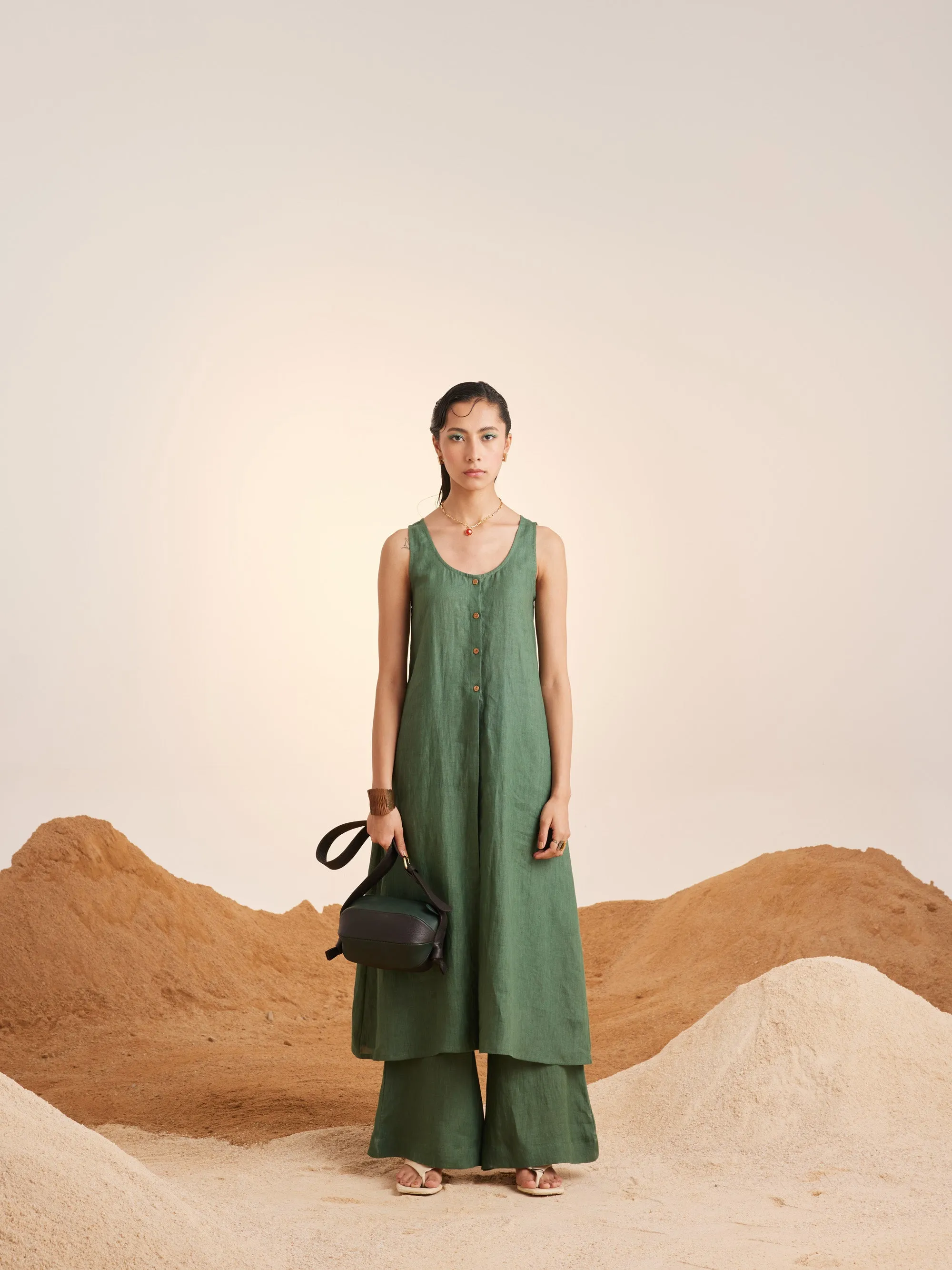 Summer Co-Ord Set Front Slit-Green -Linen-Ss25-Fslit-Grn-Cord