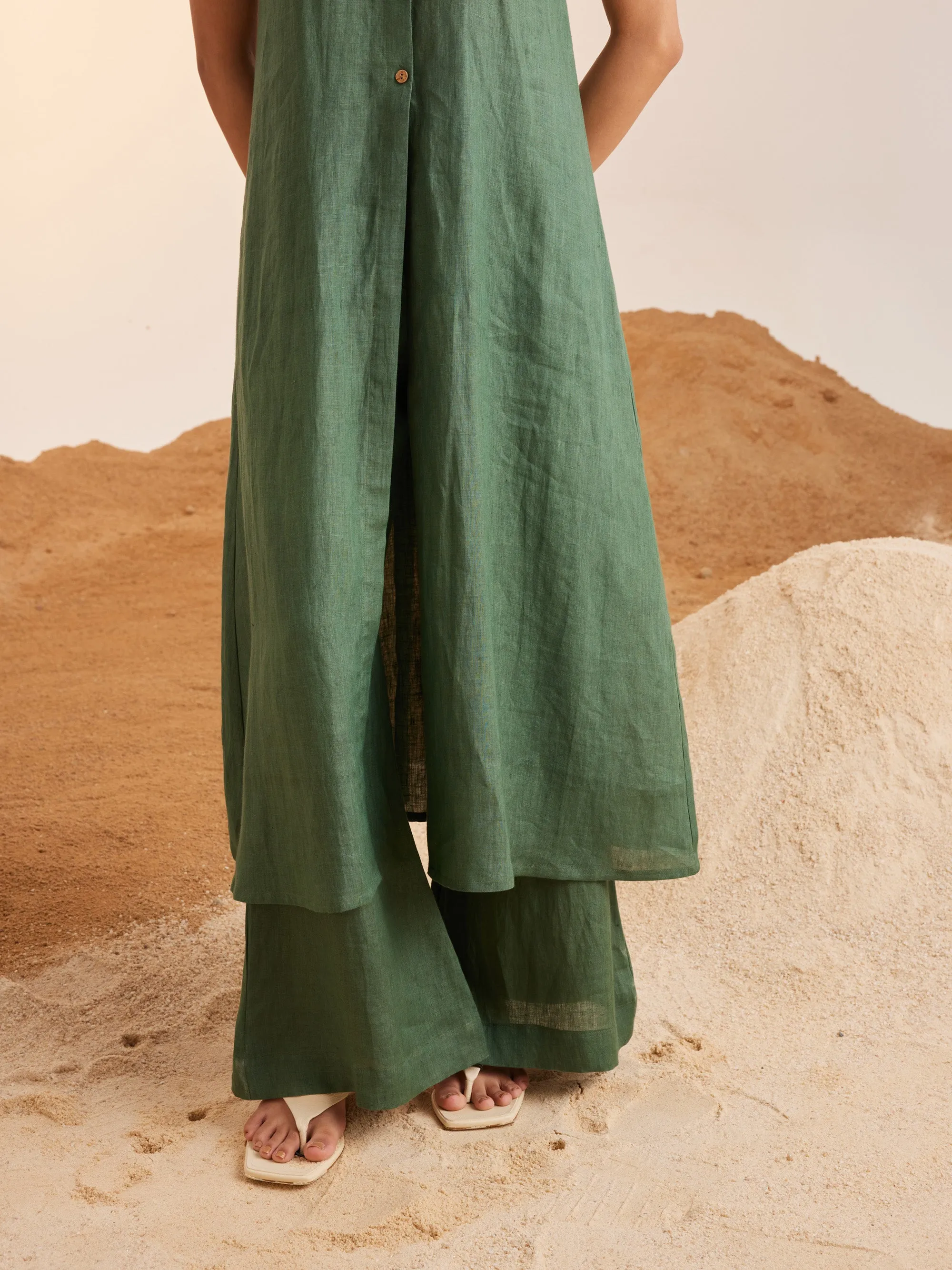 Summer Co-Ord Set Front Slit-Green -Linen-Ss25-Fslit-Grn-Cord