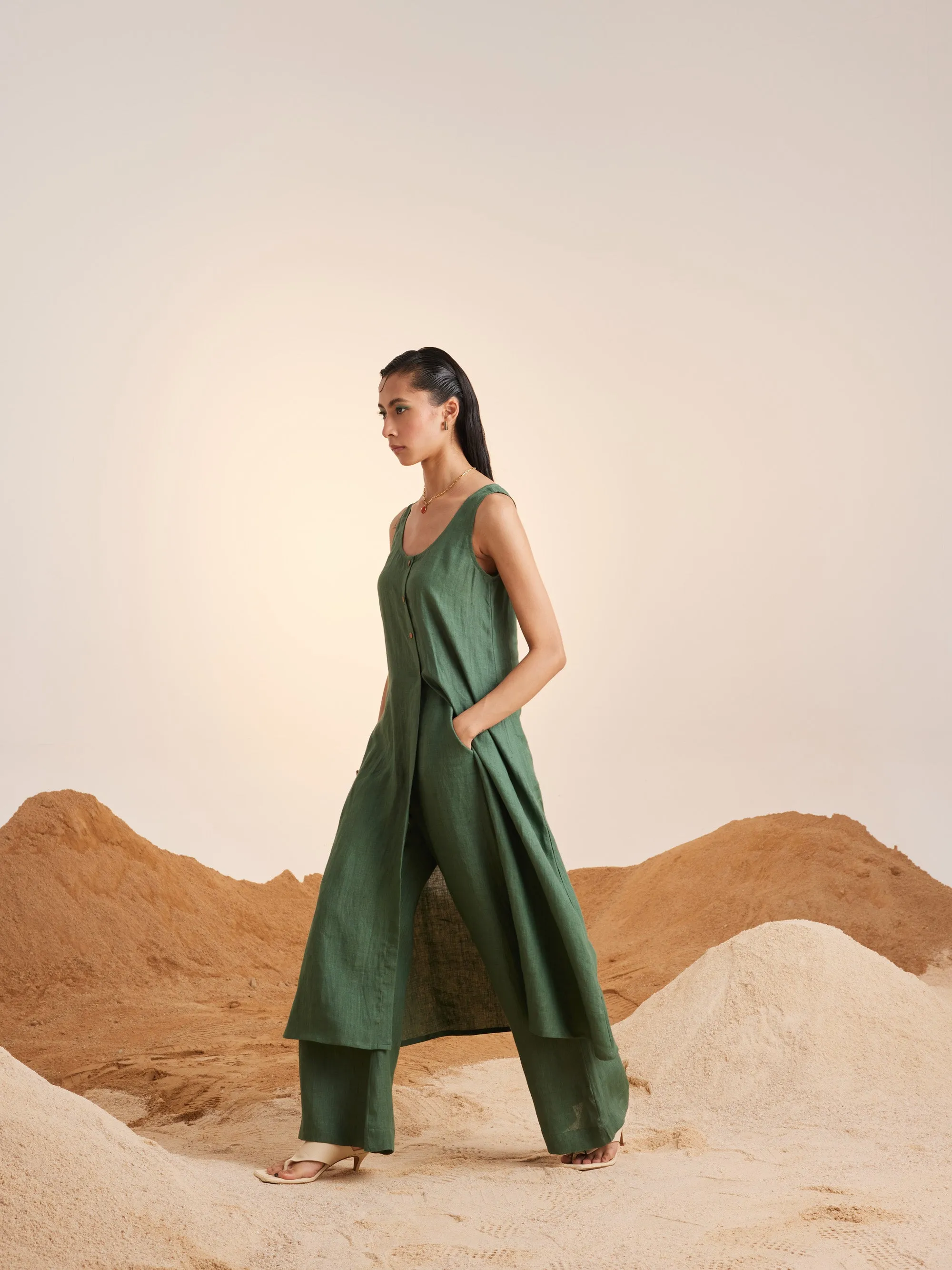 Summer Co-Ord Set Front Slit-Green -Linen-Ss25-Fslit-Grn-Cord