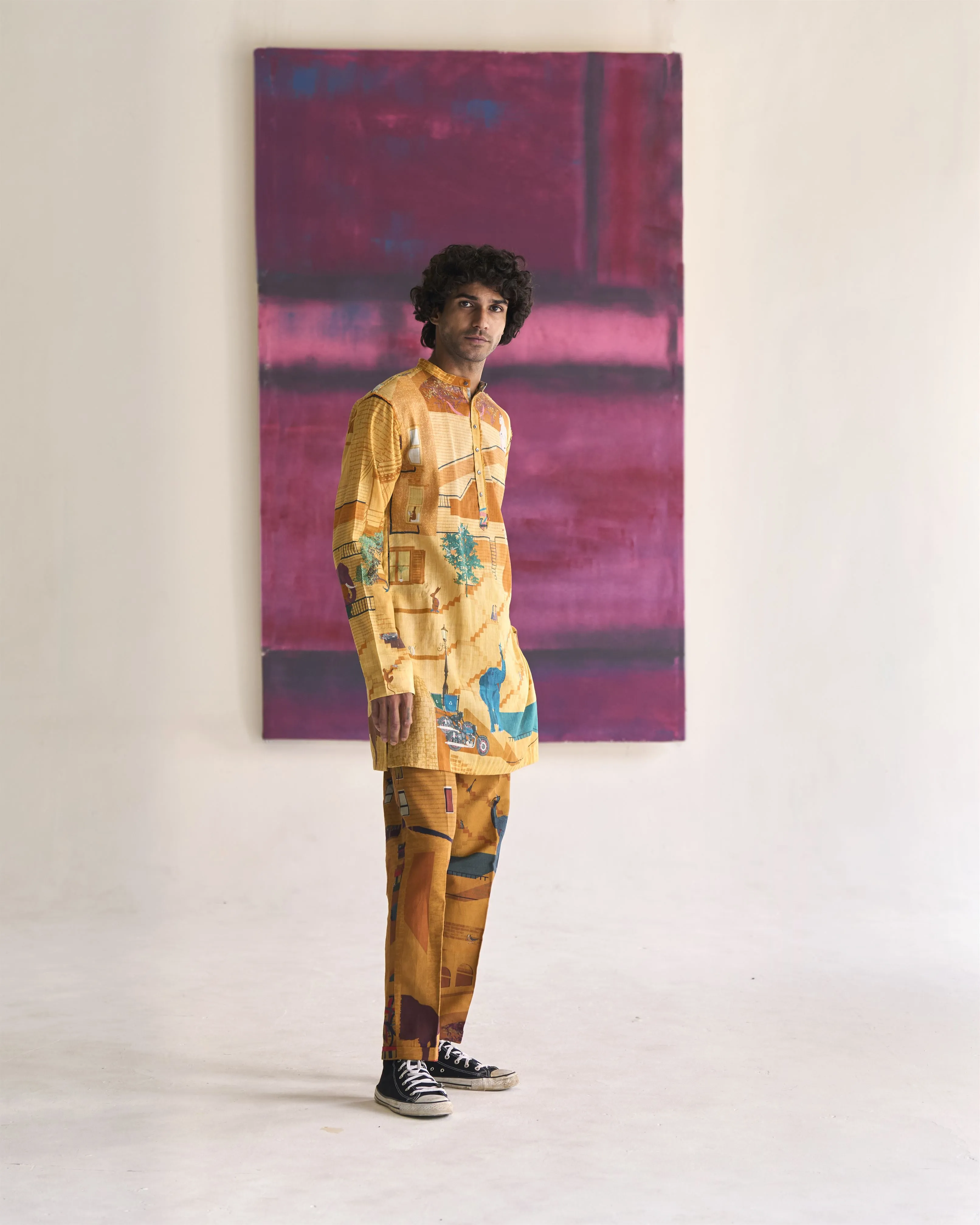Summer Tunic Kurta Animal Chhote Miyan Linen Voile Mustard K202VL390 SuketDhir
