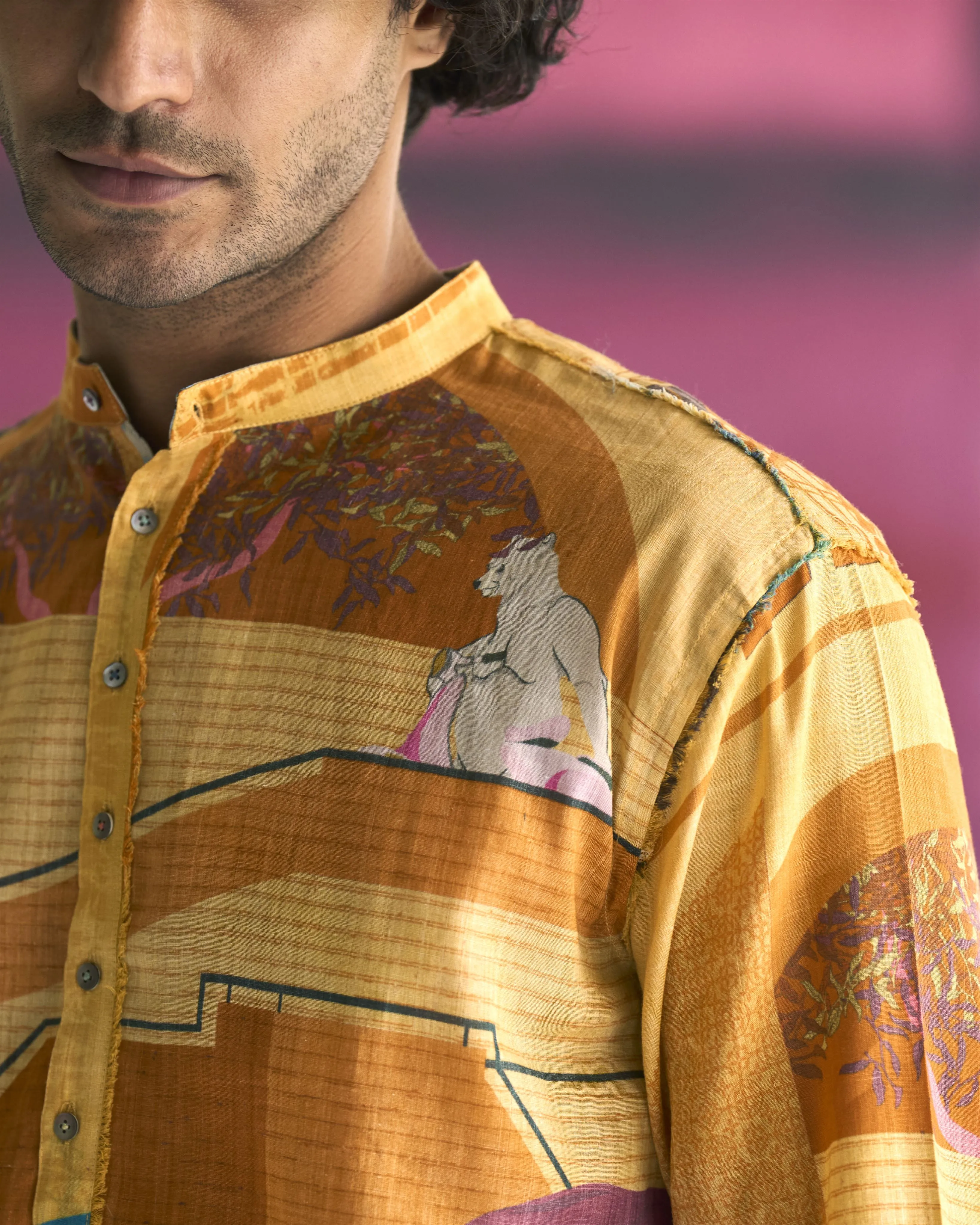 Summer Tunic Kurta Animal Chhote Miyan Linen Voile Mustard K202VL390 SuketDhir