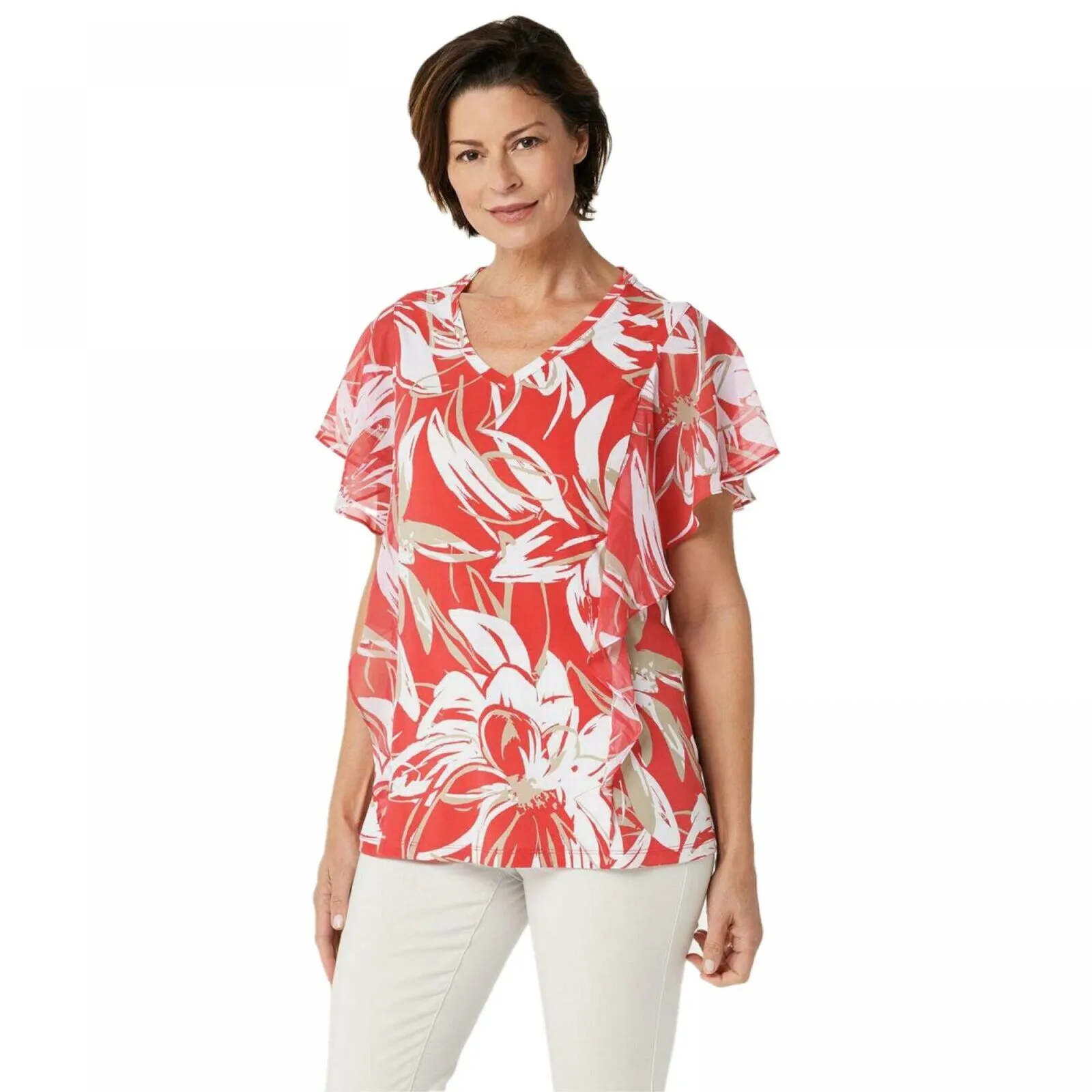 Susan Graver Women's Printed Liquid Knit Top With Chiffon Sleeves