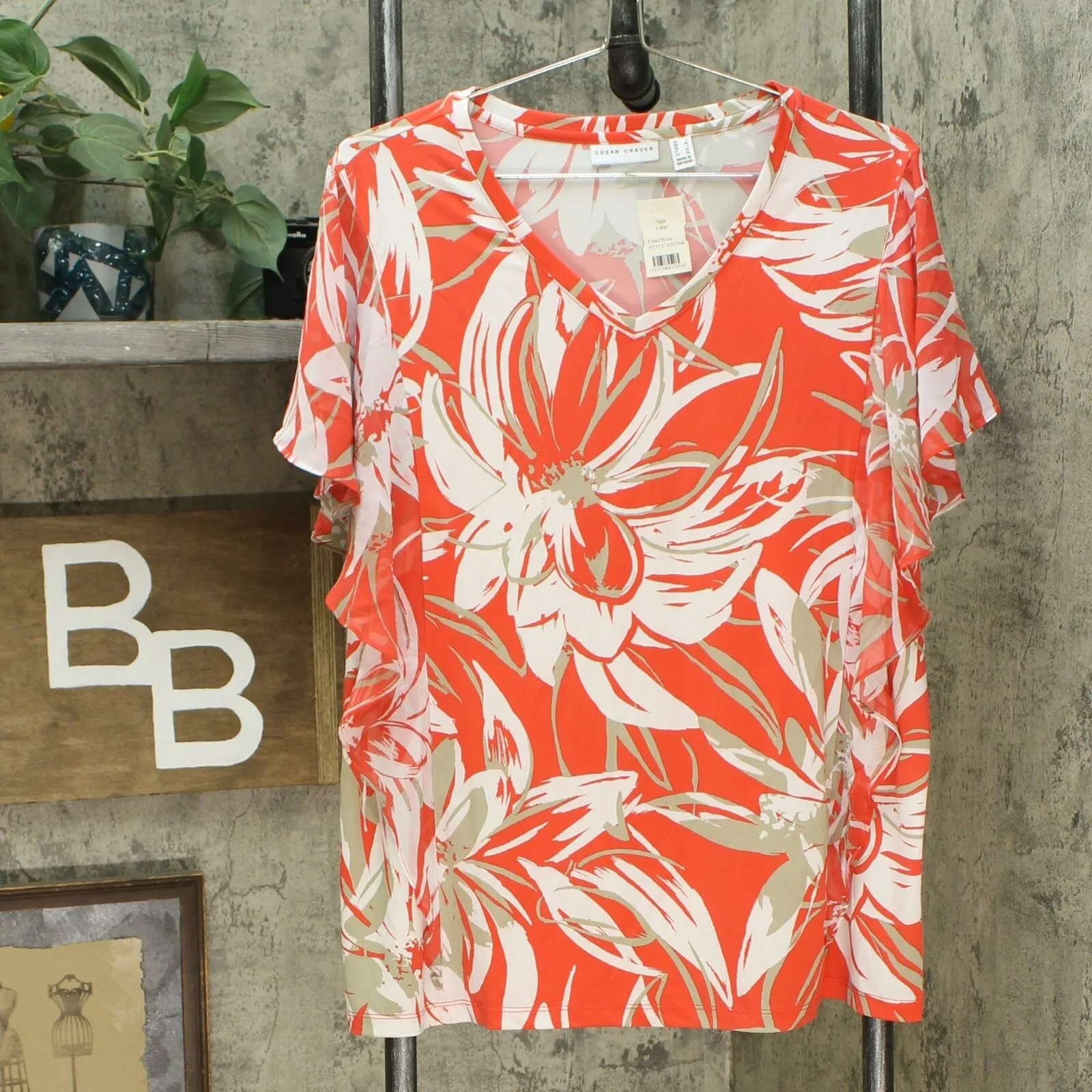 Susan Graver Women's Printed Liquid Knit Top With Chiffon Sleeves