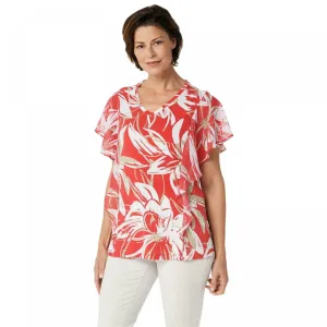 Susan Graver Women's Printed Liquid Knit Top With Chiffon Sleeves
