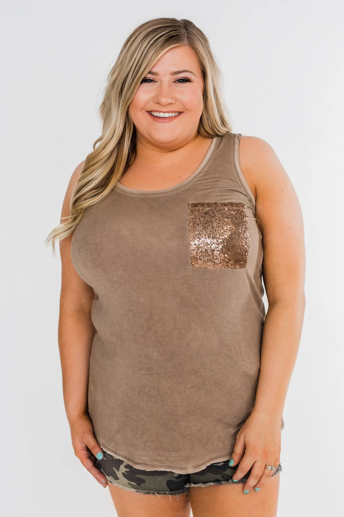 Take Me Back Sequin Pocket Top- Mocha