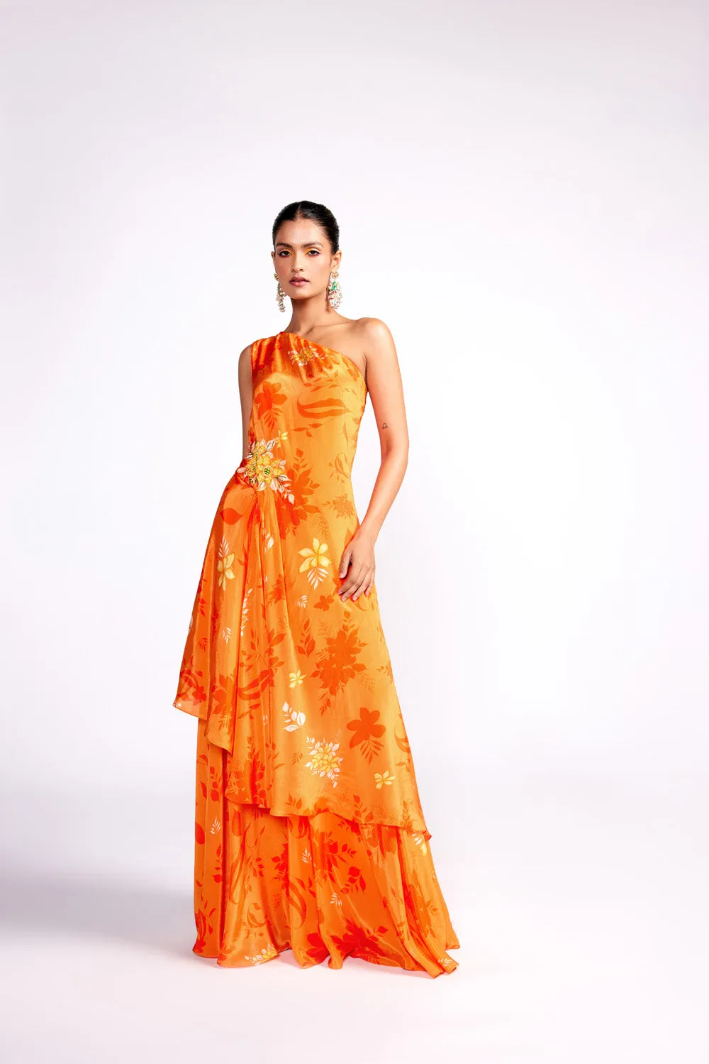 Tangerine Orange One Shoulder Sharara Set