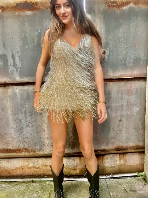 Tassel sequin gold party dress