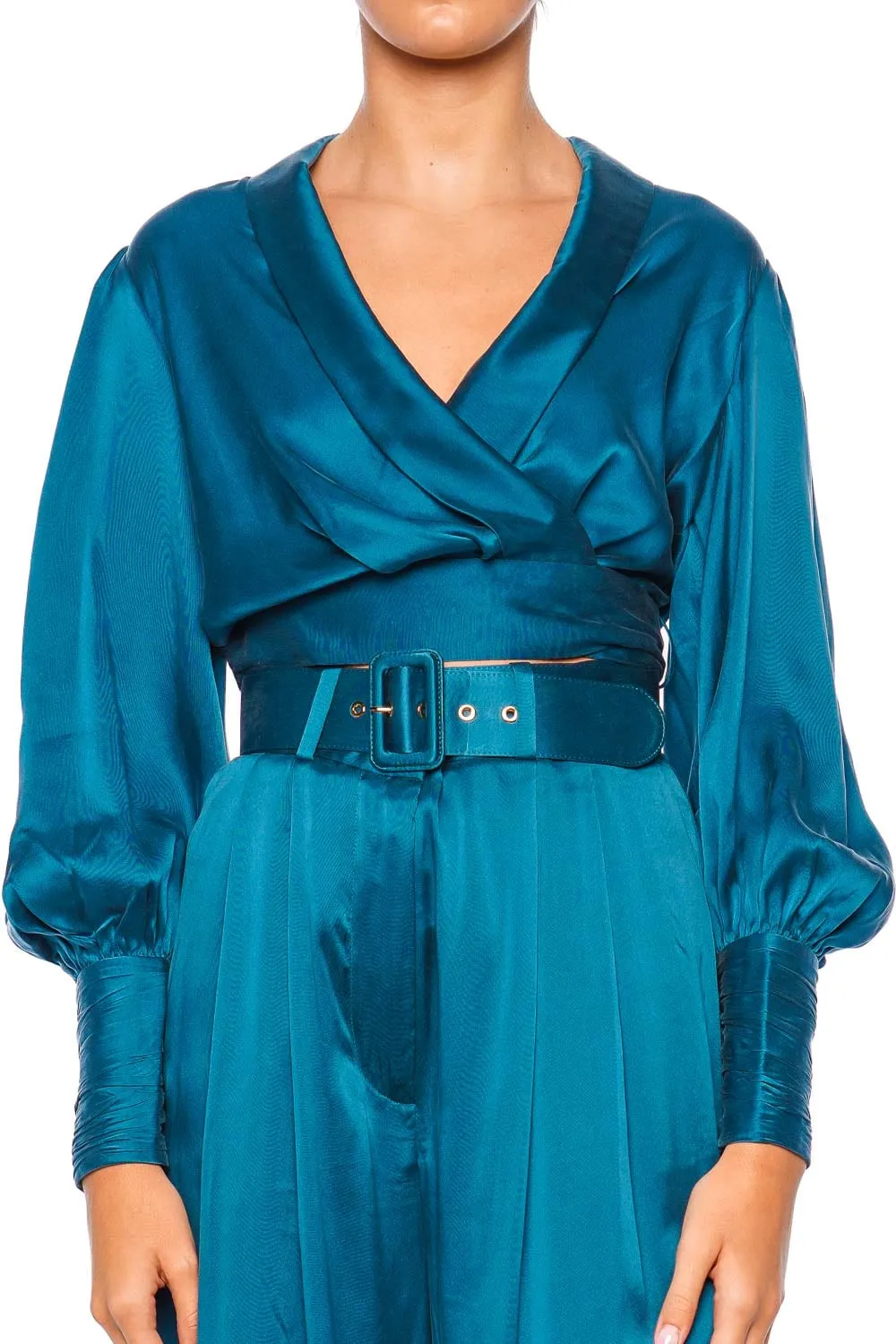 Teal Silk Long Sleeve Wrap Top