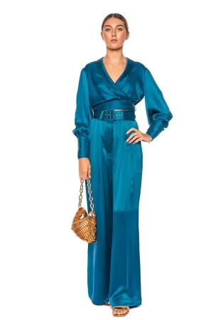 Teal Silk Long Sleeve Wrap Top