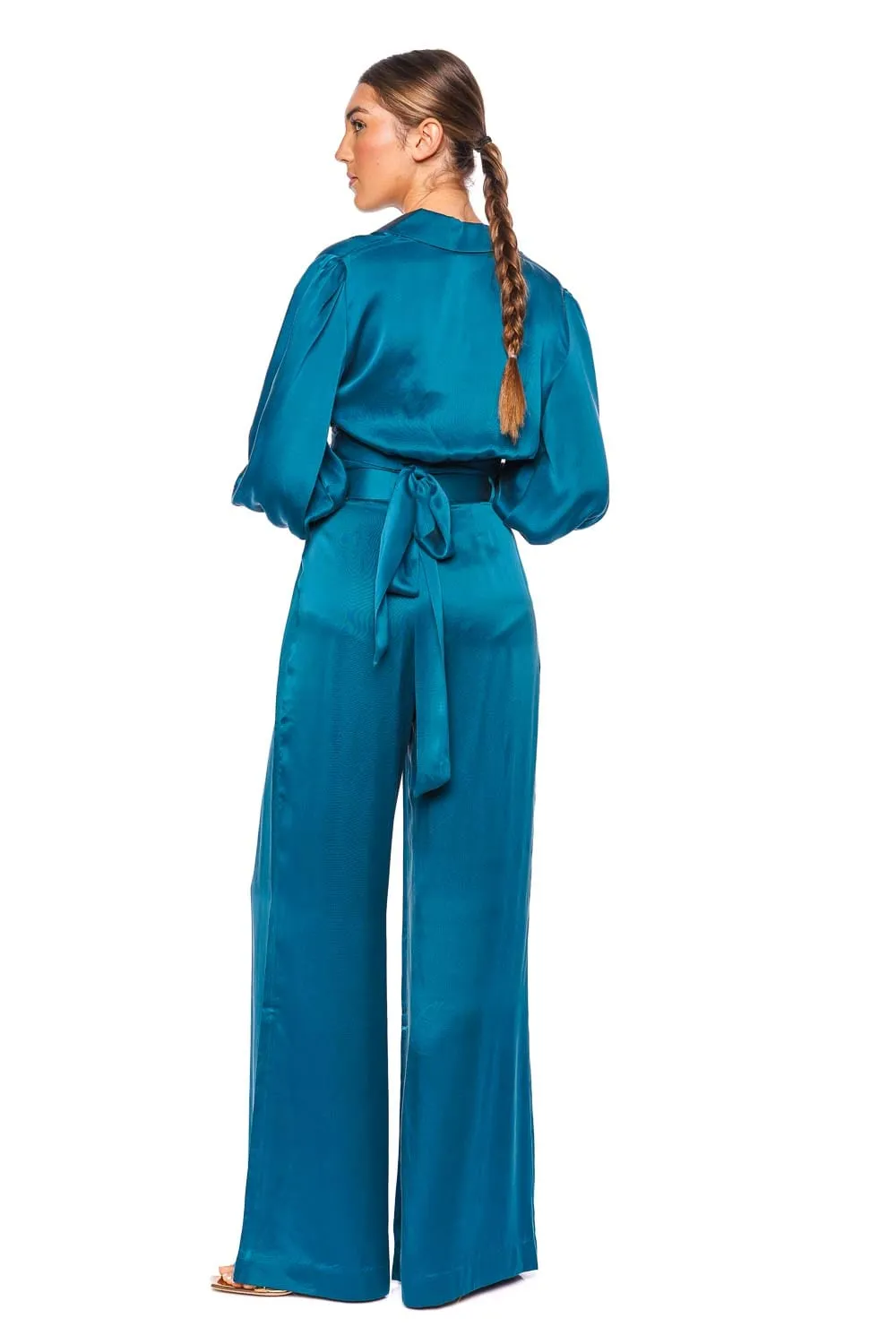 Teal Silk Long Sleeve Wrap Top