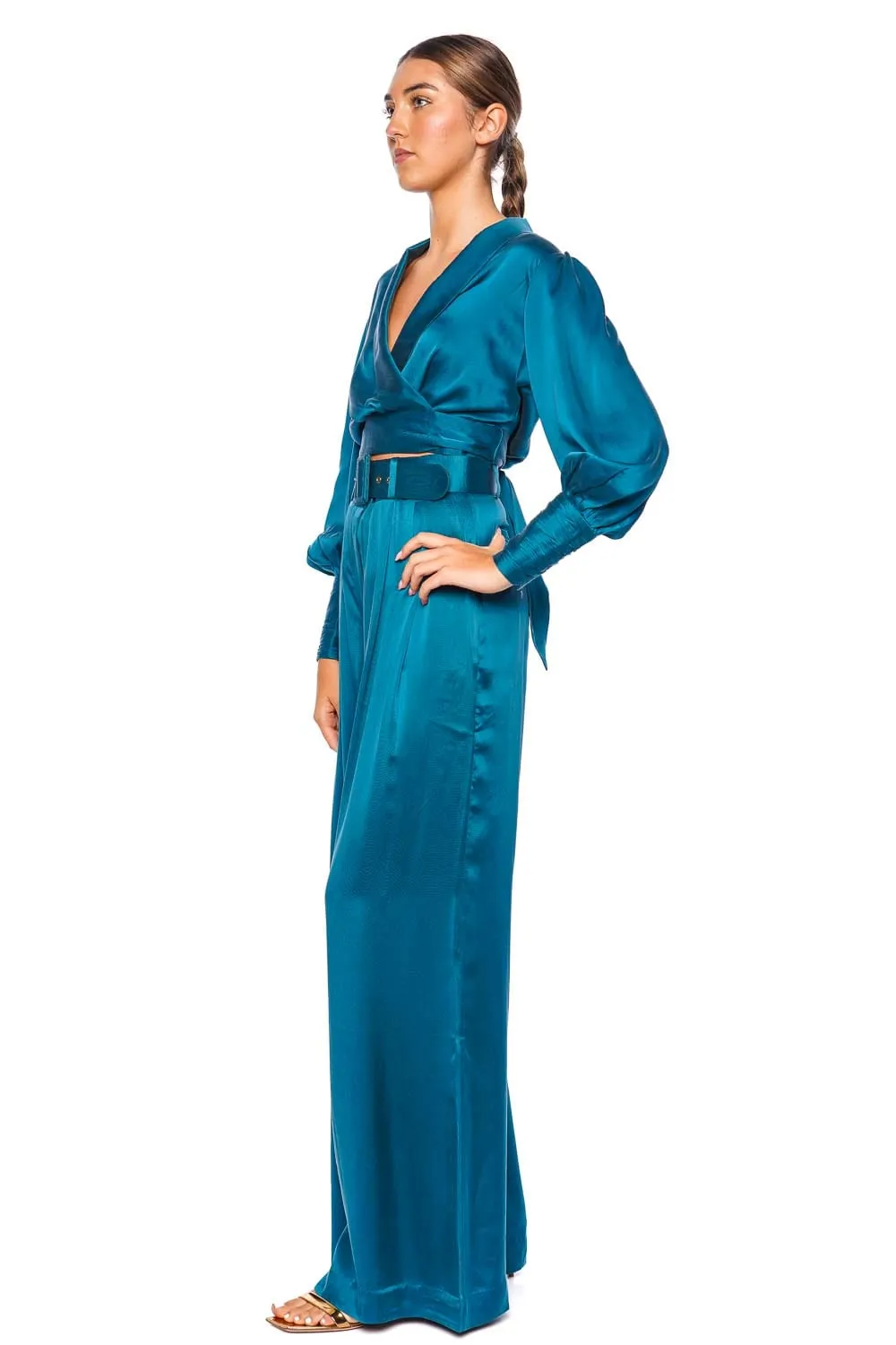 Teal Silk Long Sleeve Wrap Top