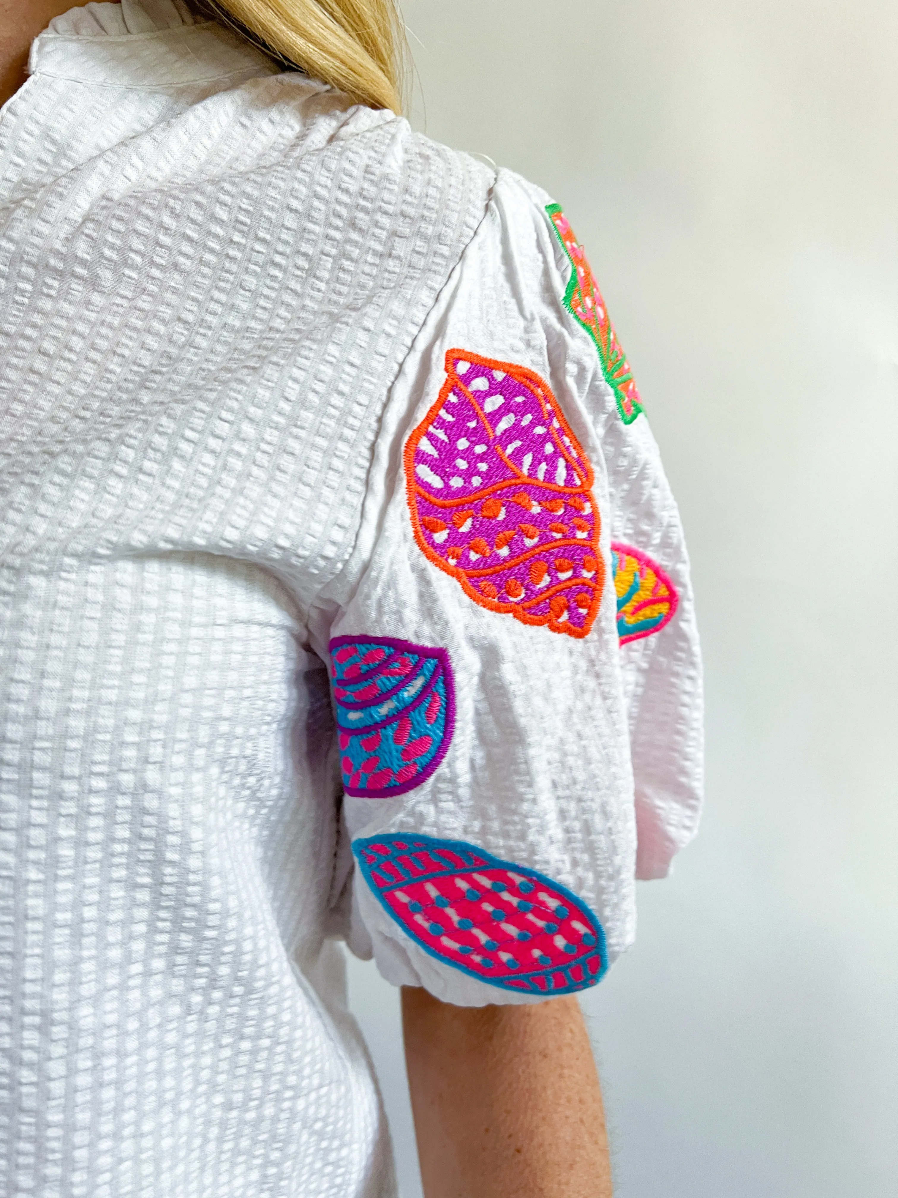 Textured Embroidered Short Sleeve Top