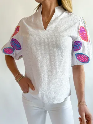 Textured Embroidered Short Sleeve Top