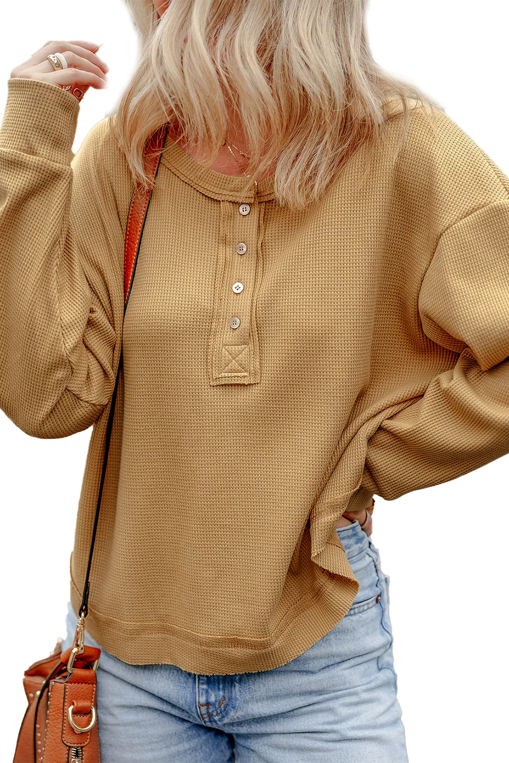 Textured Knit Half Button Oversized Top